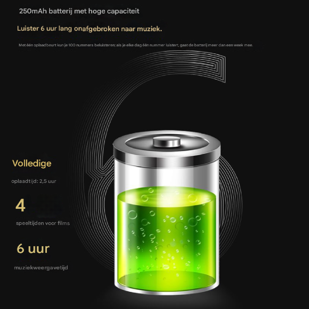 Eine volle Batterie mit 250 mAh Kapazität bietet 6 Stunden Musikwiedergabe.