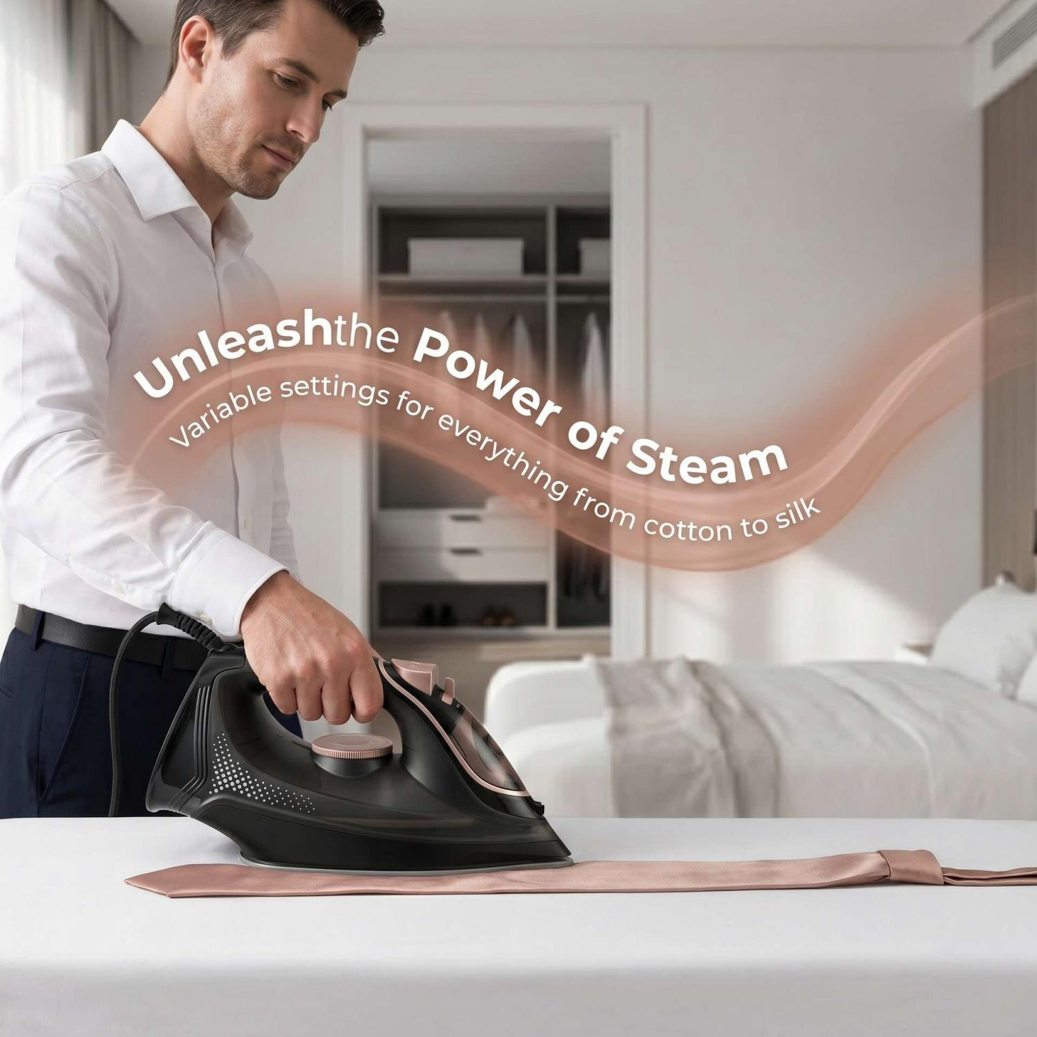Ein Mann bügelt eine Krawatte mit einem schwarzen Dampfbügeleisen in einem Schlafzimmer.