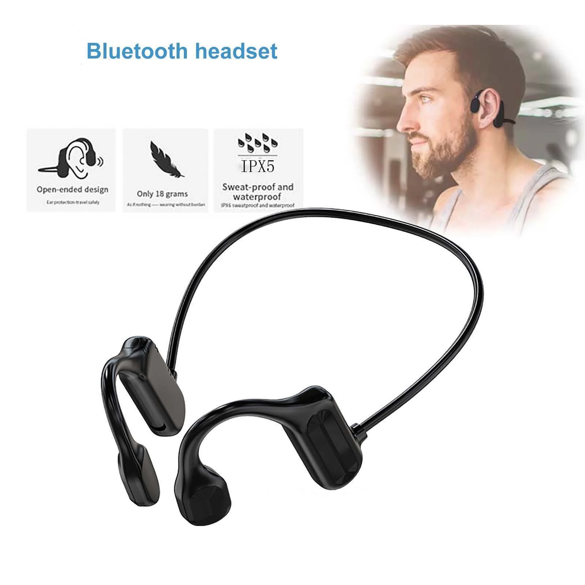 Schwarzes Knochenschall-Headset mit einem Mann, der es trägt. Leichte, schweißfeste und wasserdichte Eigenschaften.