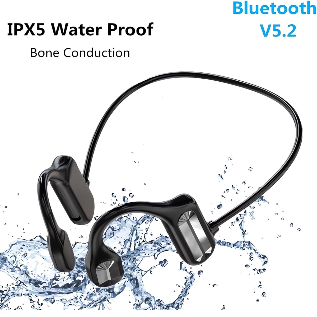 Schwarze Knochenschallkopfhörer mit Bluetooth 5.2, IPX5 wasserdicht.