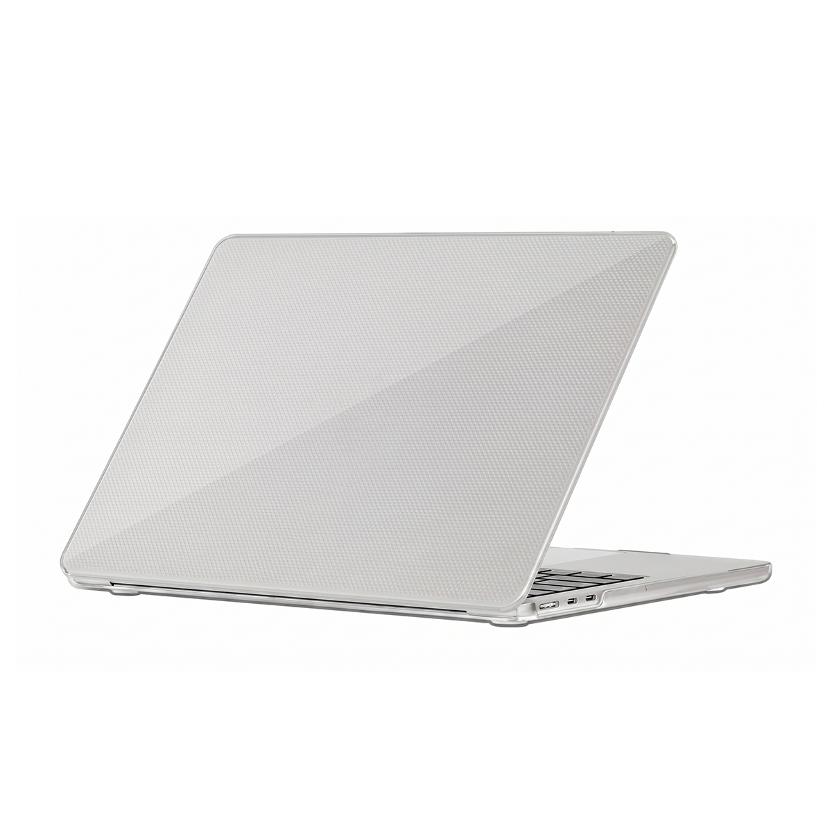 Ein durchsichtiger Laptop-Schutz, der die Rückseite eines geöffneten Laptops bedeckt.