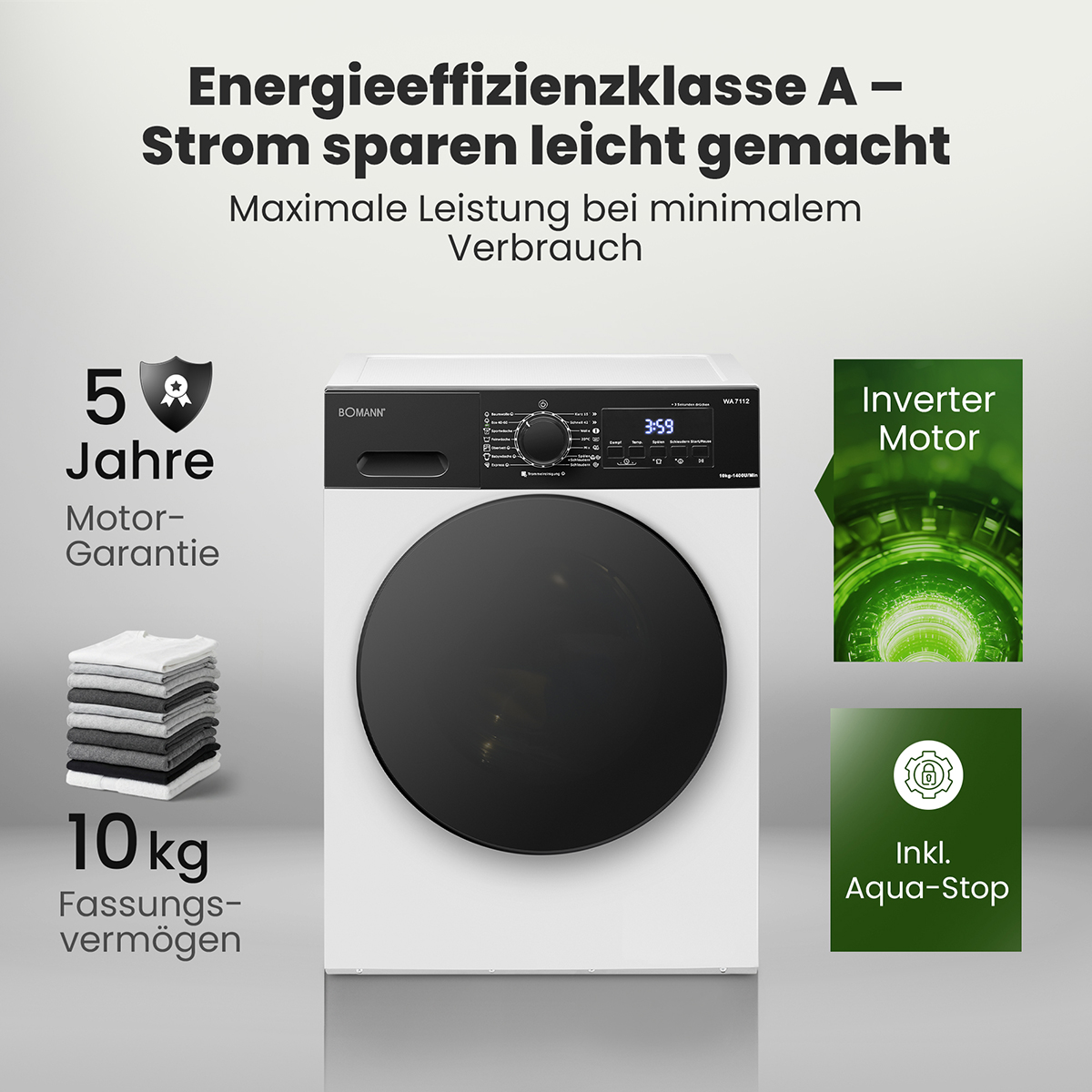 Weiße Waschmaschine mit schwarzer Tür, 5 Jahre Garantie, 10kg Fassungsvermögen.