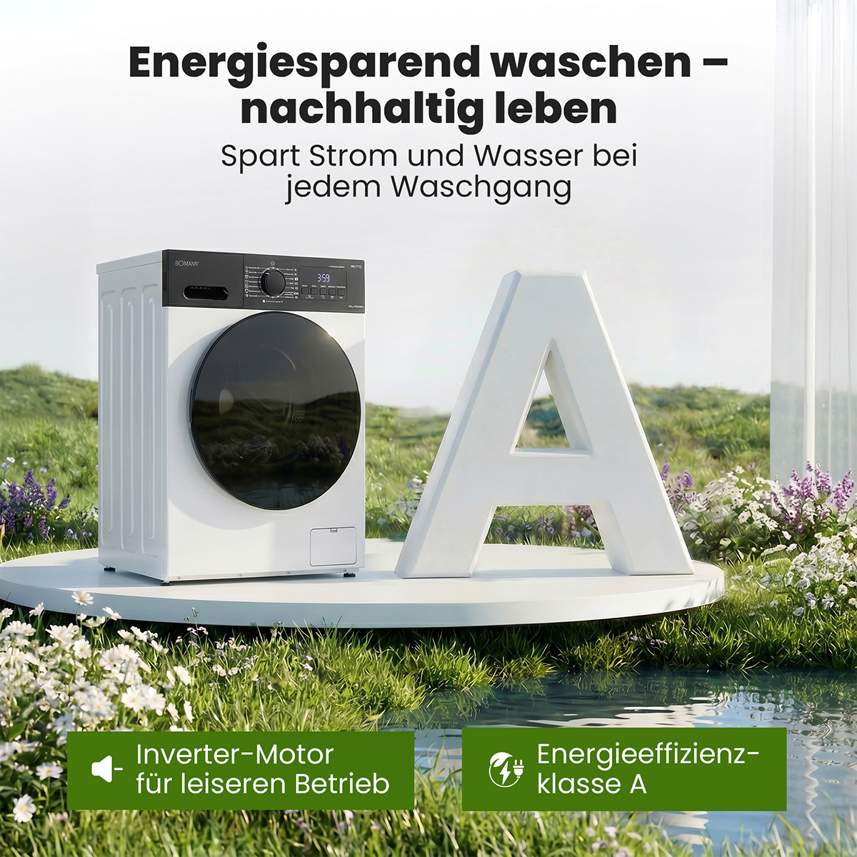 Weiße Waschmaschine neben großem A auf Podest, umgeben von Gras und Blumen.