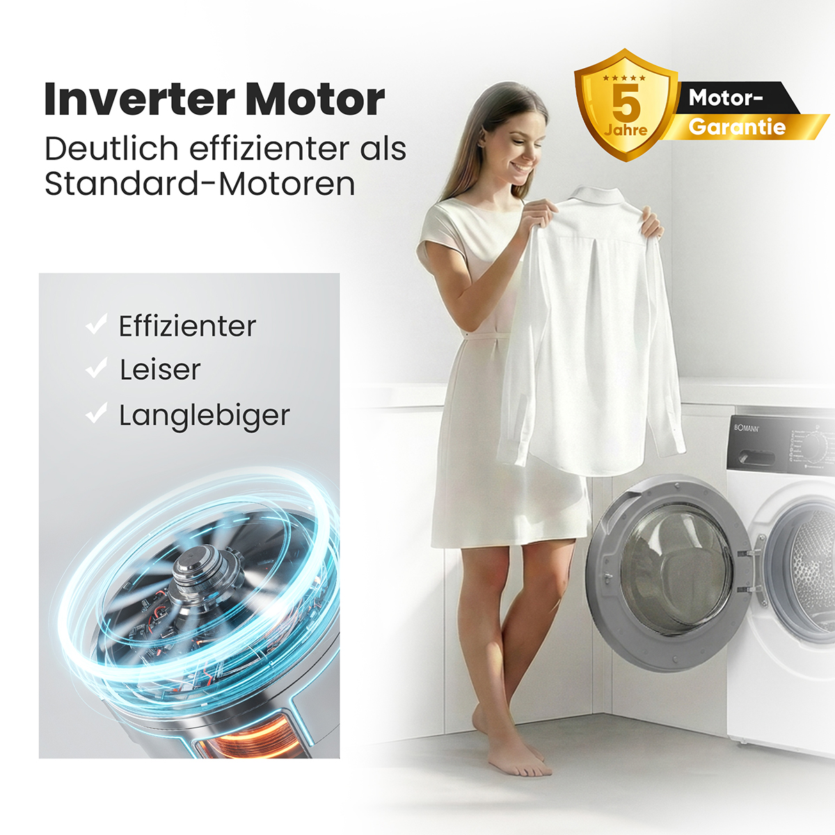Frau mit Hemd neben Waschmaschine, Inverter Motor Grafik, 5 Jahre Garantie.