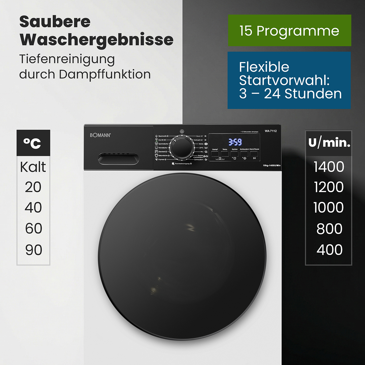 Schwarze Bomann Waschmaschine mit Display und Temperaturanzeige.