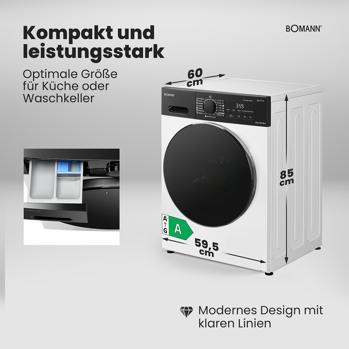 Weiße Waschmaschine mit schwarzer Tür, Maße 60x85x59.5cm, Energieeffizienz A.