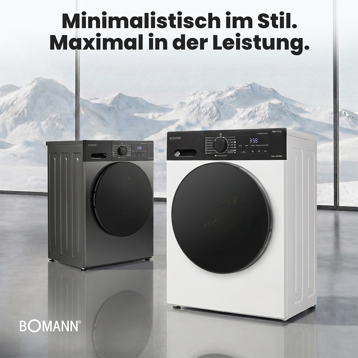 Zwei Bomann Waschmaschinen, eine weiß und eine grau, stehen vor einem Fenster mit Berglandschaft.