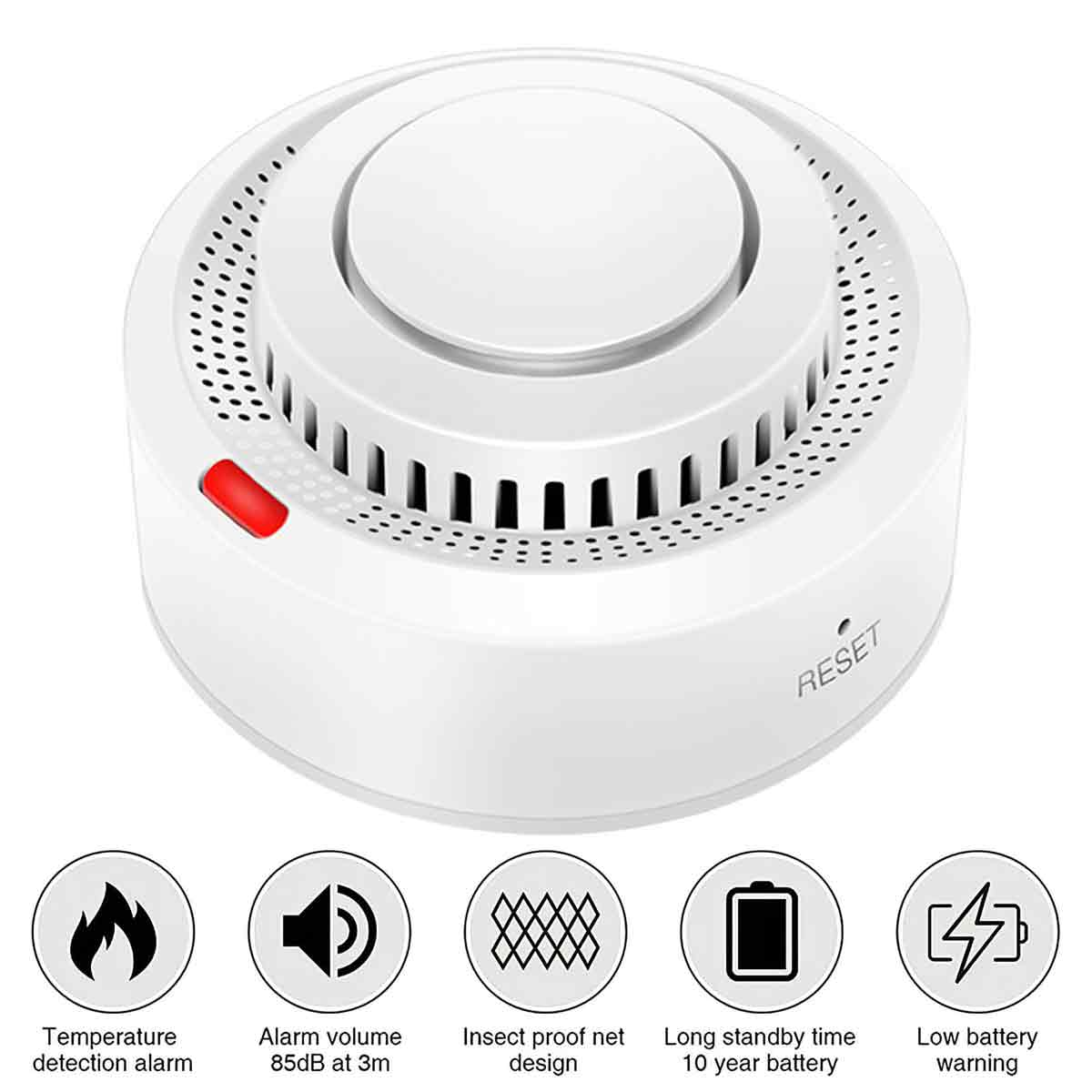 Weißer Rauchmelder mit rotem Reset-Knopf, zeigt Symbole für Temperatur, Lautstärke, Netz, Batterie.