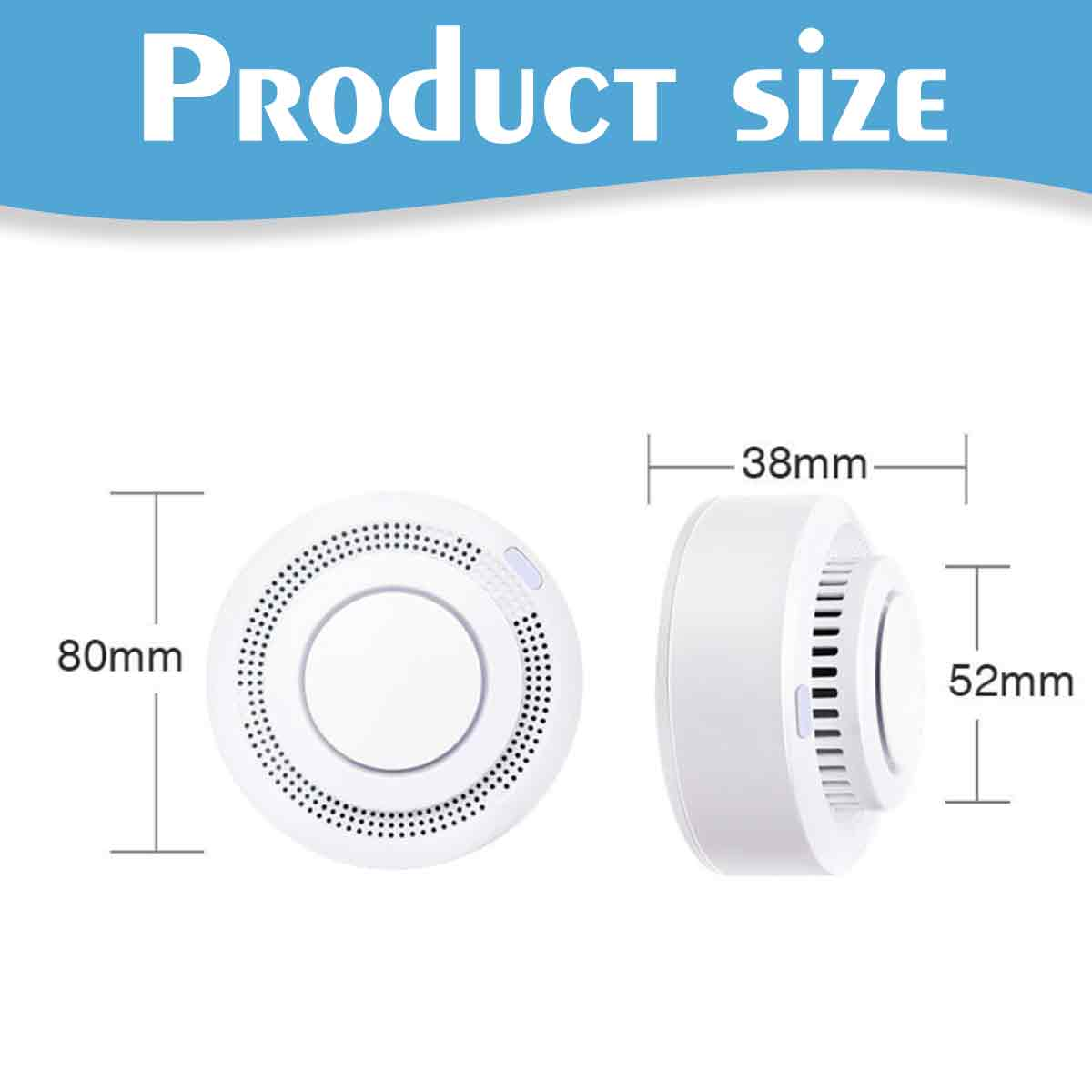 Zwei Ansichten eines weißen Rauchmelders mit Maßen: 80mm Höhe, 38mm Breite, 52mm Tiefe.