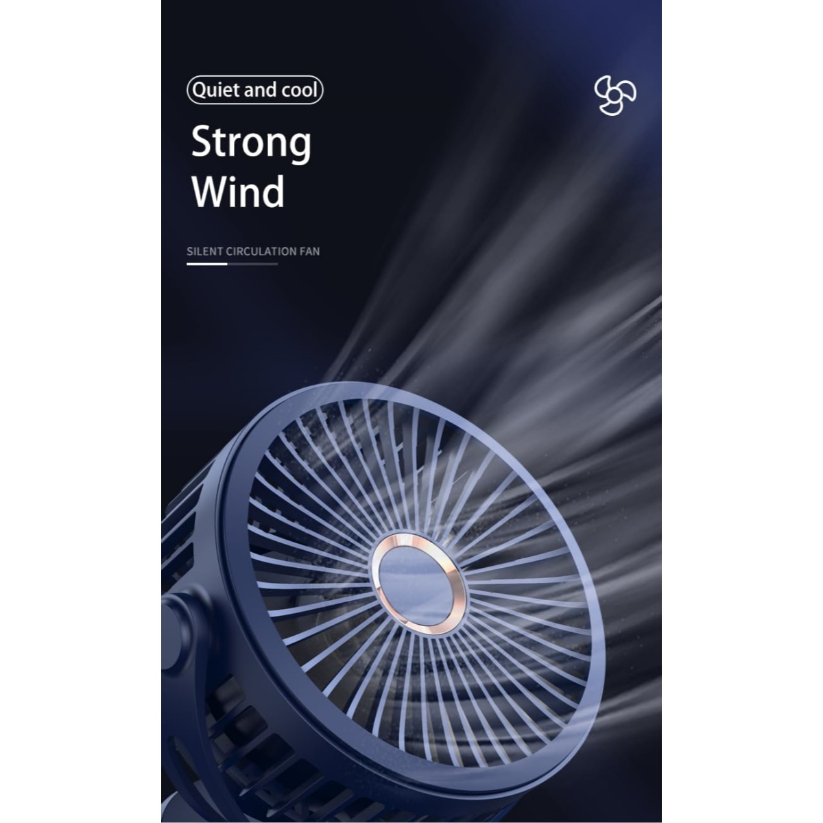 Ein blauer Ventilator mit starkem Wind und der Aufschrift "Quiet and cool".