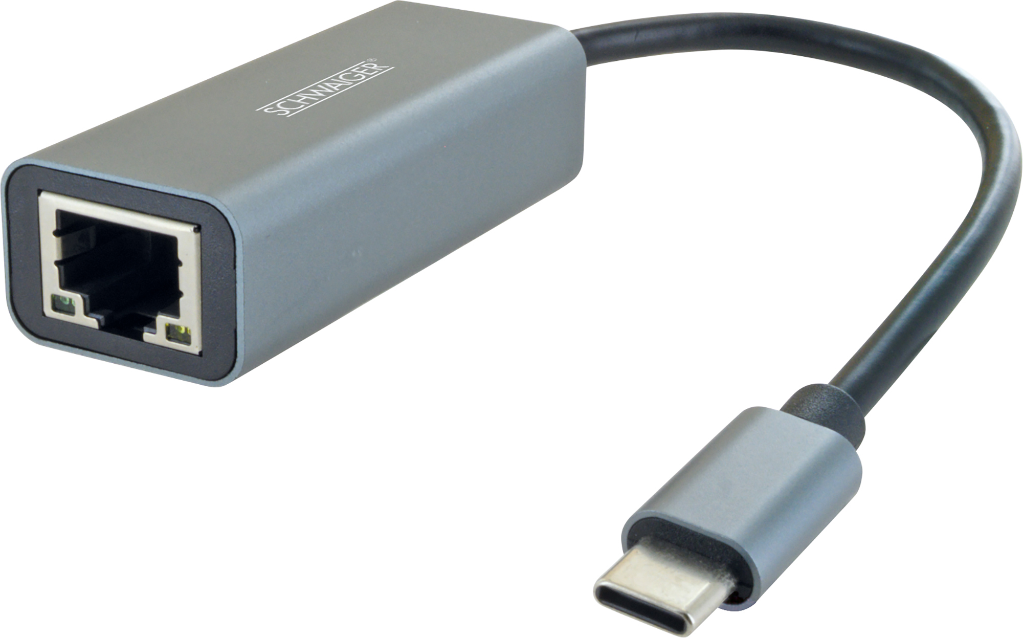 Grauer USB-C-auf-Ethernet-Adapter mit schwarzem Kabel auf weißem Grund.