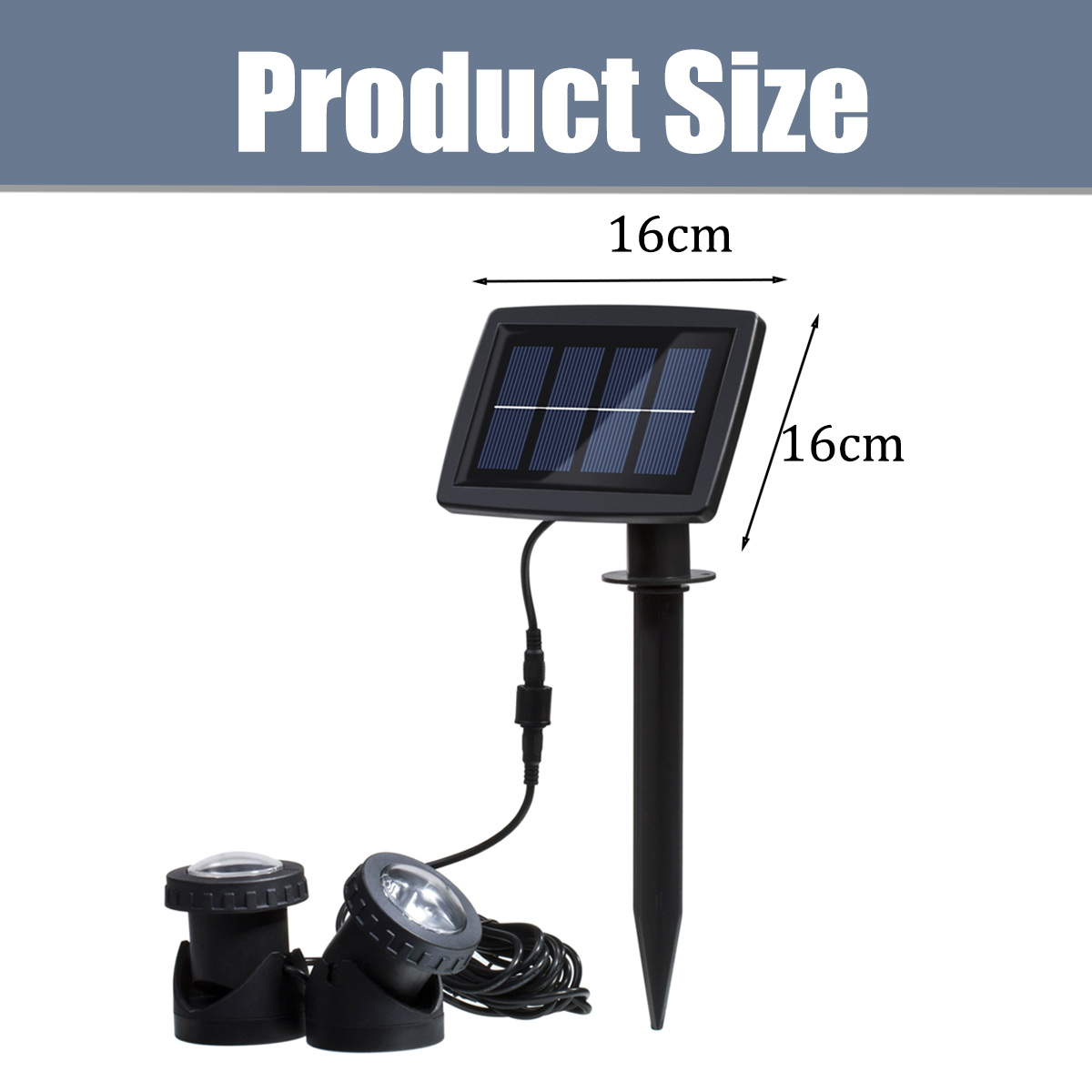 Produktgröße: 16x16cm Solarpanel mit zwei schwarzen Lichtern und Kabel.