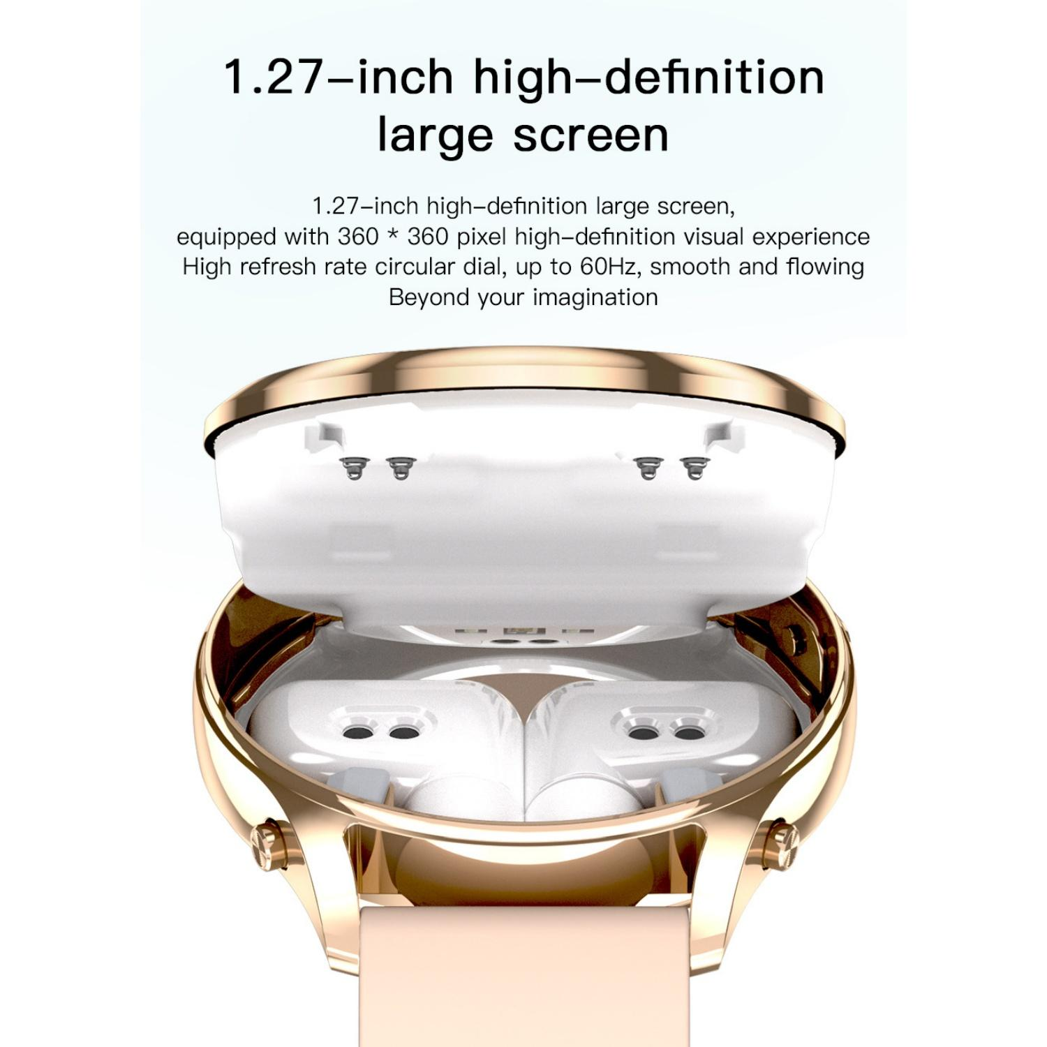 Goldene Smartwatch mit geöffneter Ladebox und weißen Ohrhörern darin.