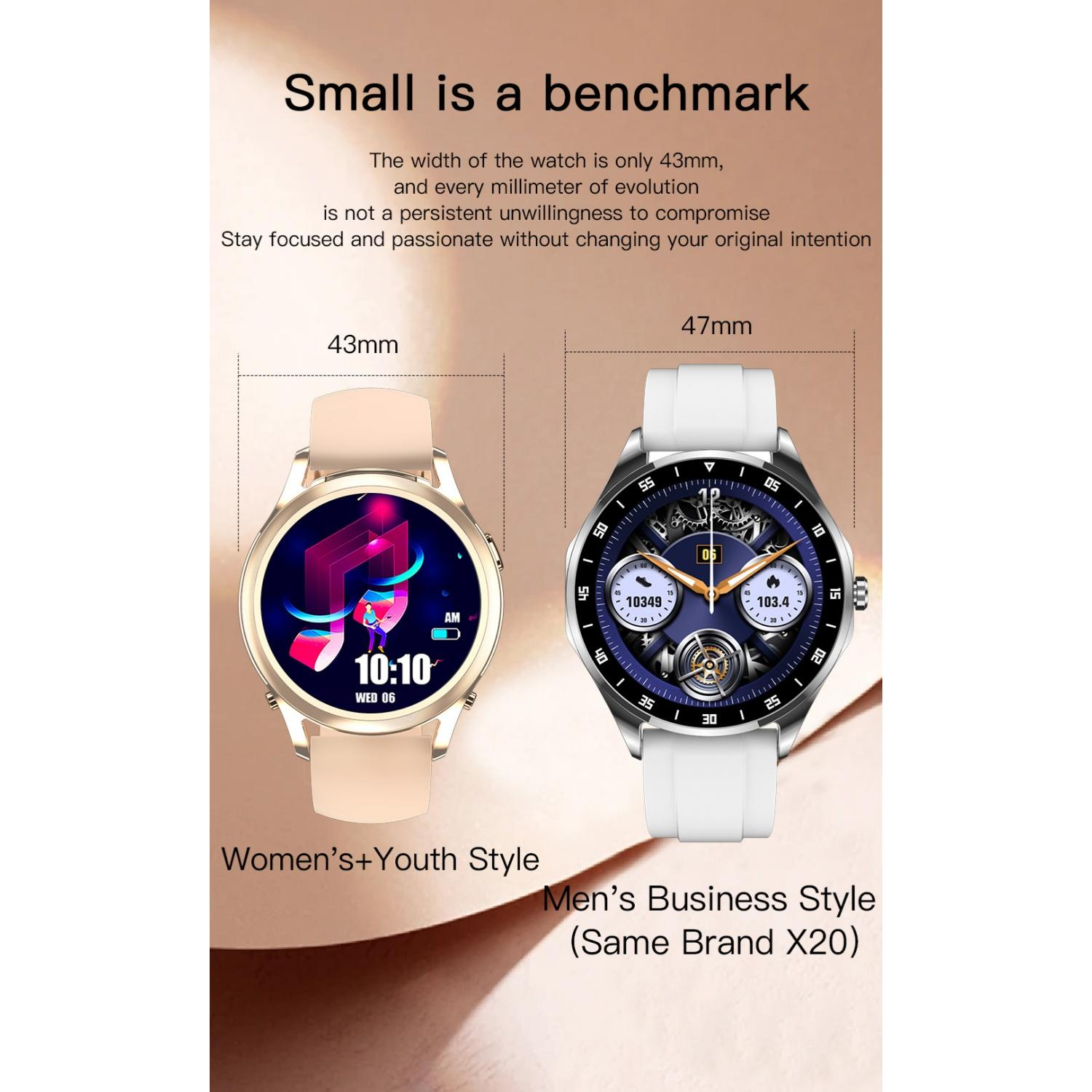 Zwei Smartwatches: eine 43mm Damen-/Jugendvariante und eine 47mm Herrenvariante.