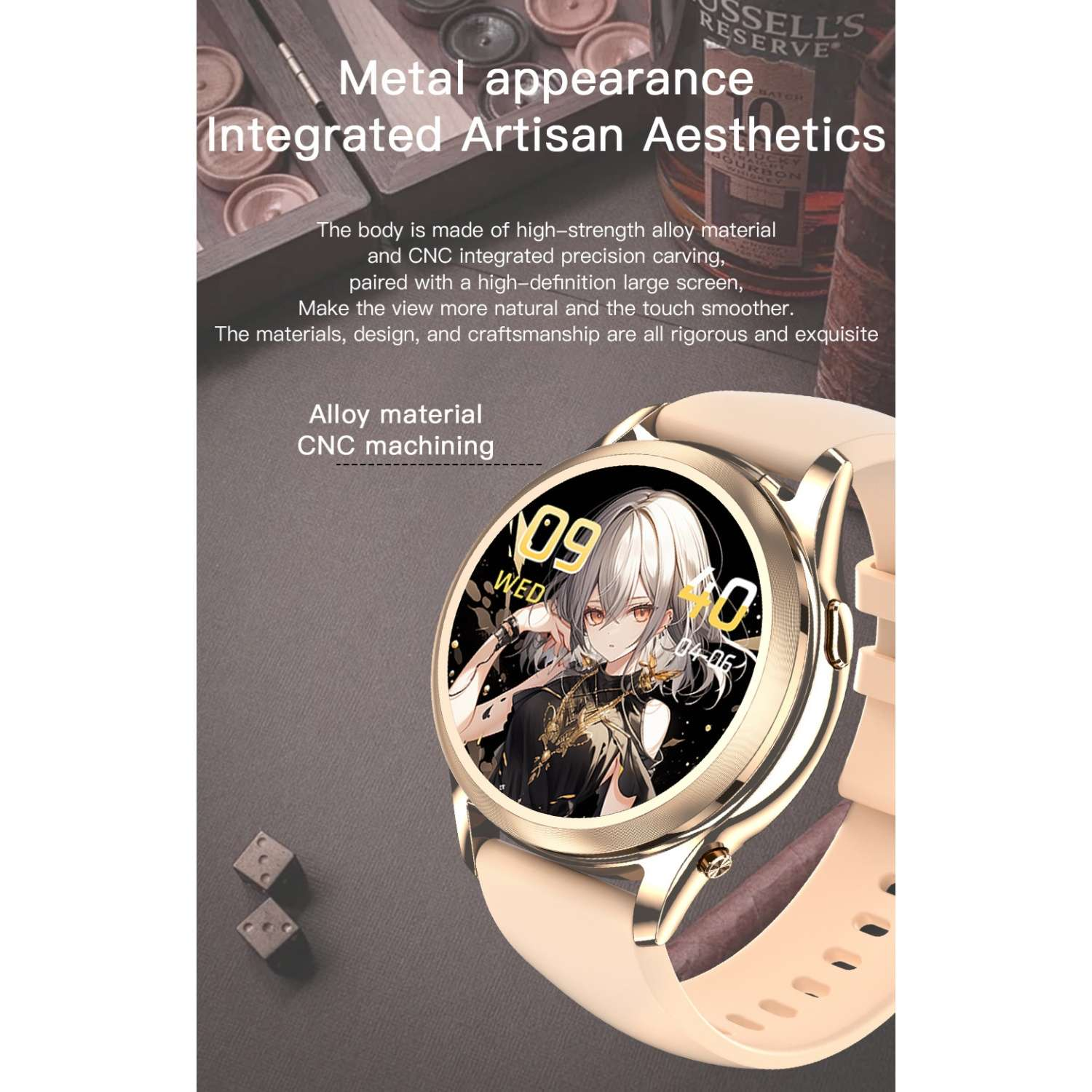 Eine goldene Smartwatch mit Anime-Gesicht zeigt 09 WED. Zwei Würfel liegen daneben.