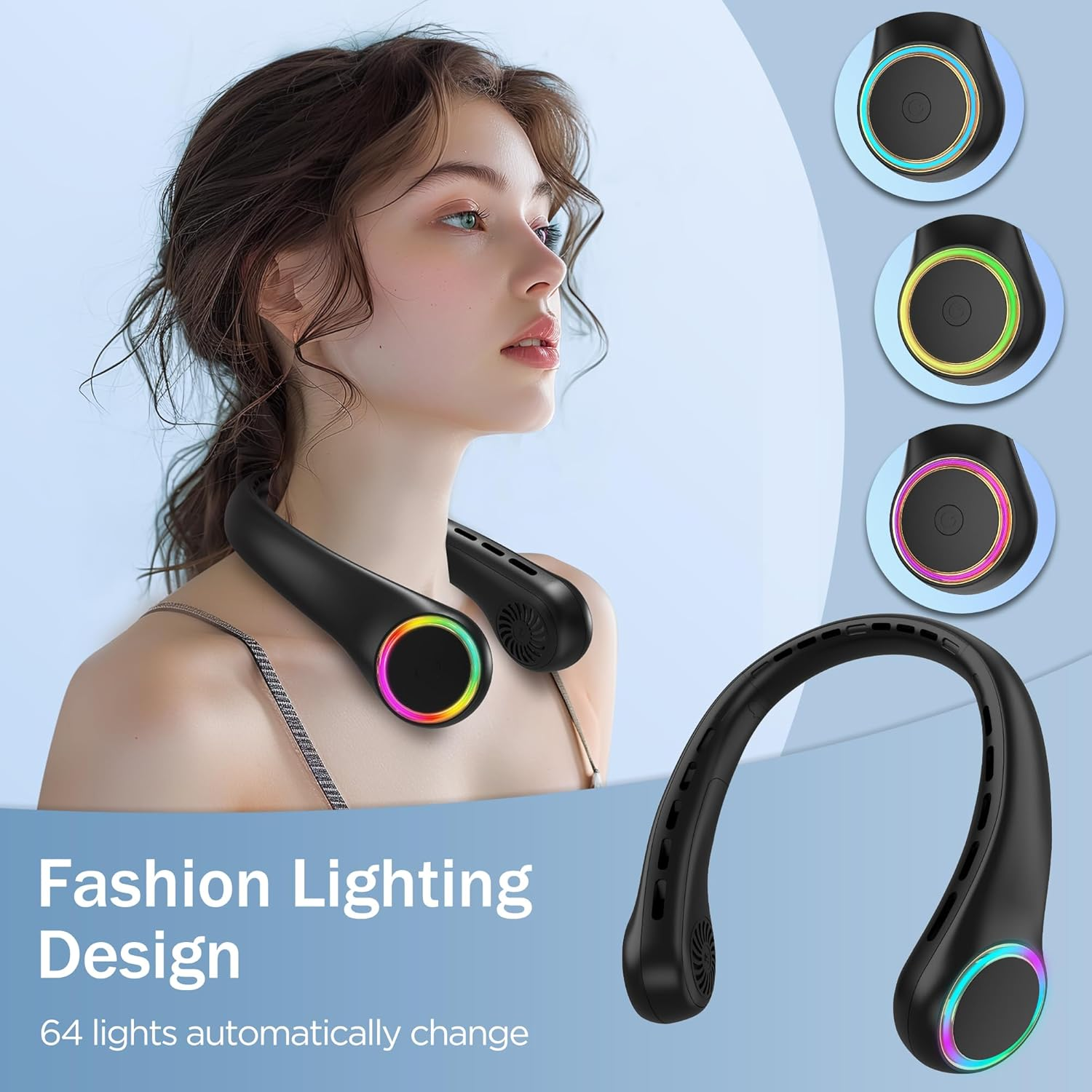 Frau trägt einen schwarzen Nackenventilator mit bunten Lichtern. Modisches Lichtdesign.