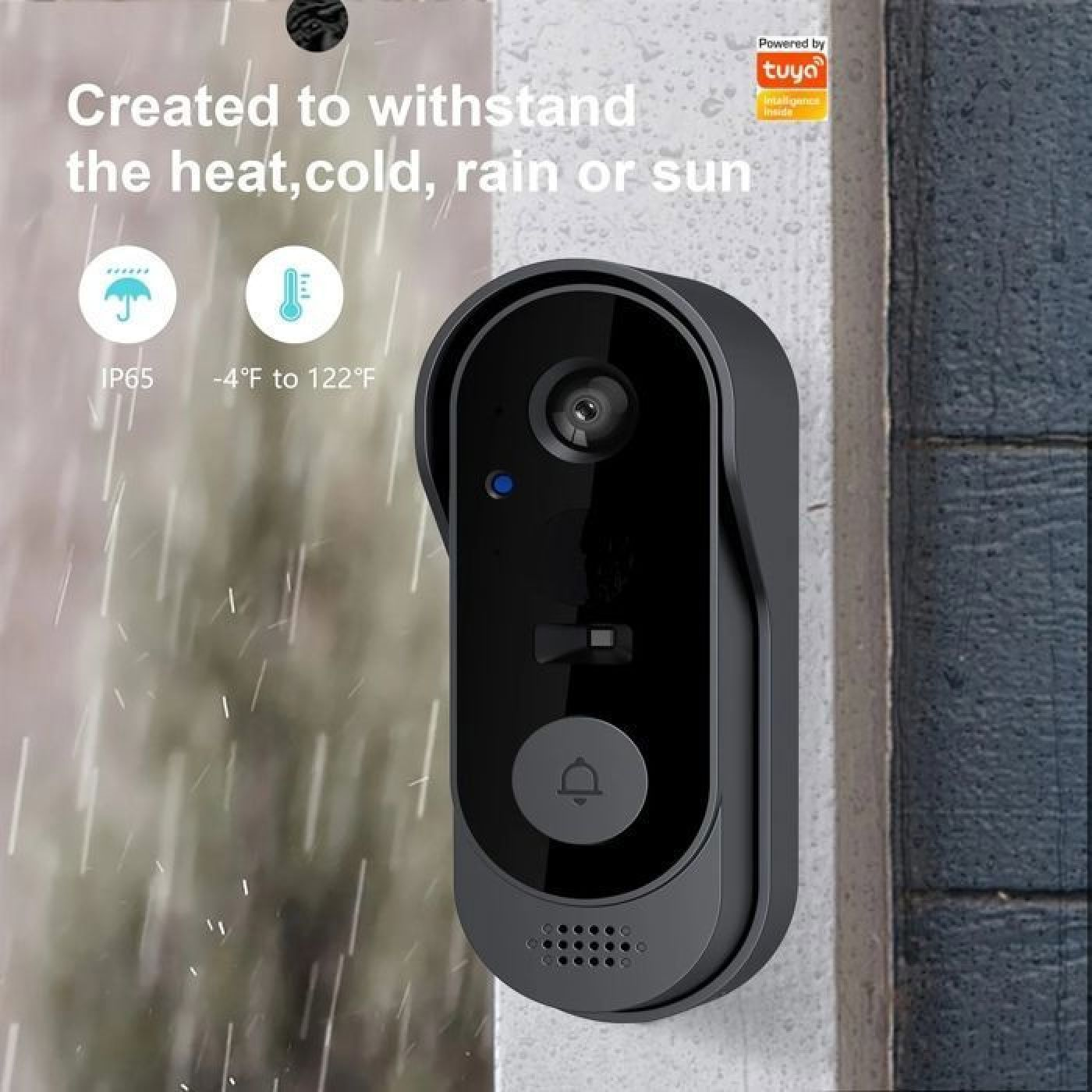 Ein schwarzer smarter Türklingel mit Kamera, IP65 bewertet, bei Regen.