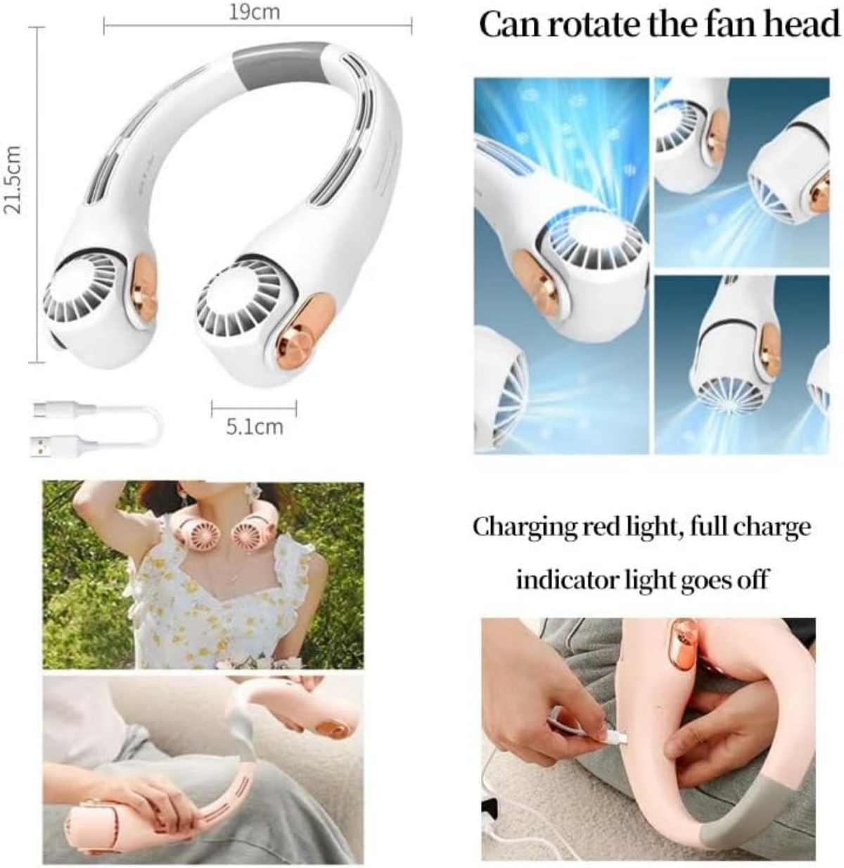 Halsventilator mit Maßen, USB-Kabel, Frau trägt ihn, Ladeanzeige.