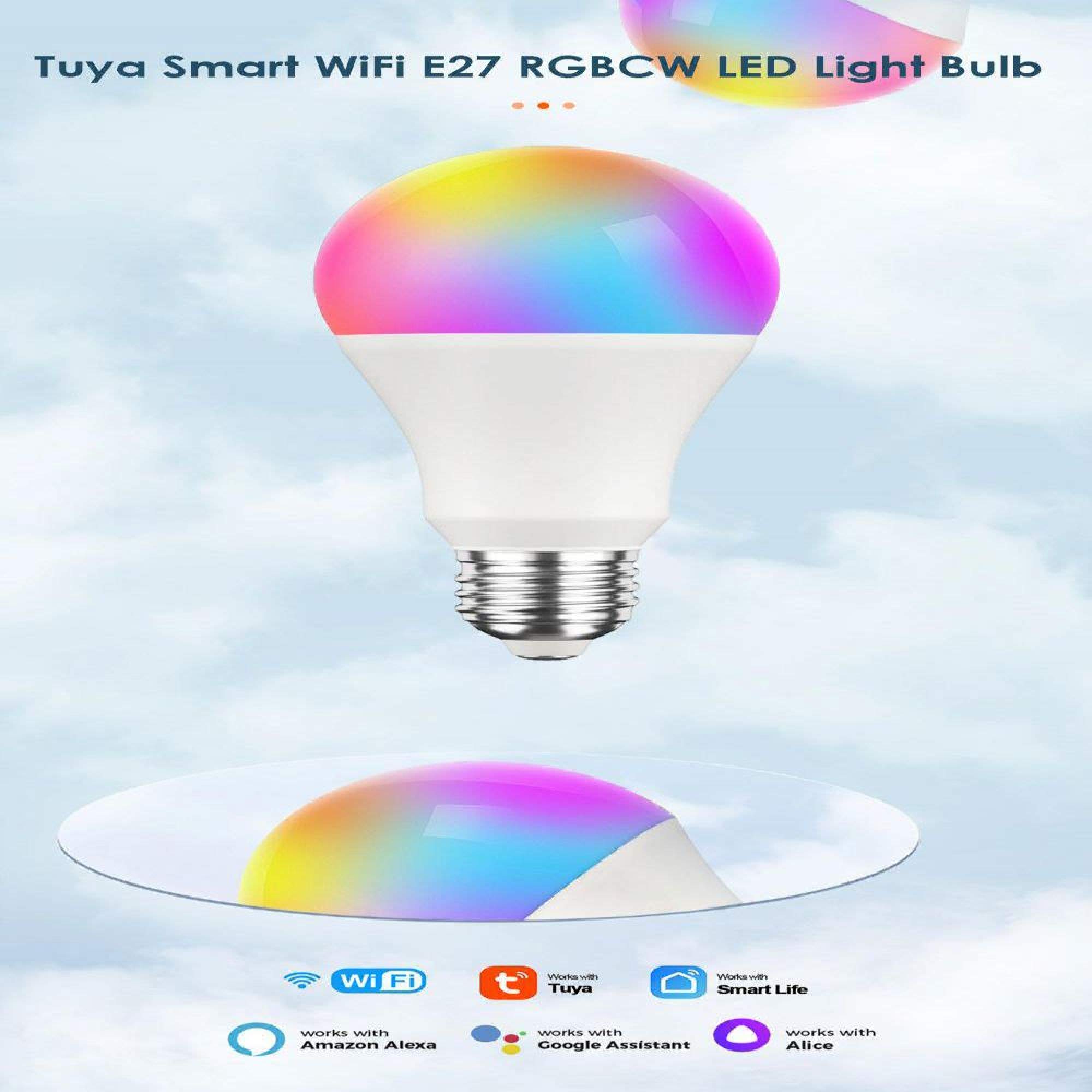 Eine smarte Tuya WiFi E27 RGB LED-Lampe mit Farbverlauf leuchtet im Himmel.