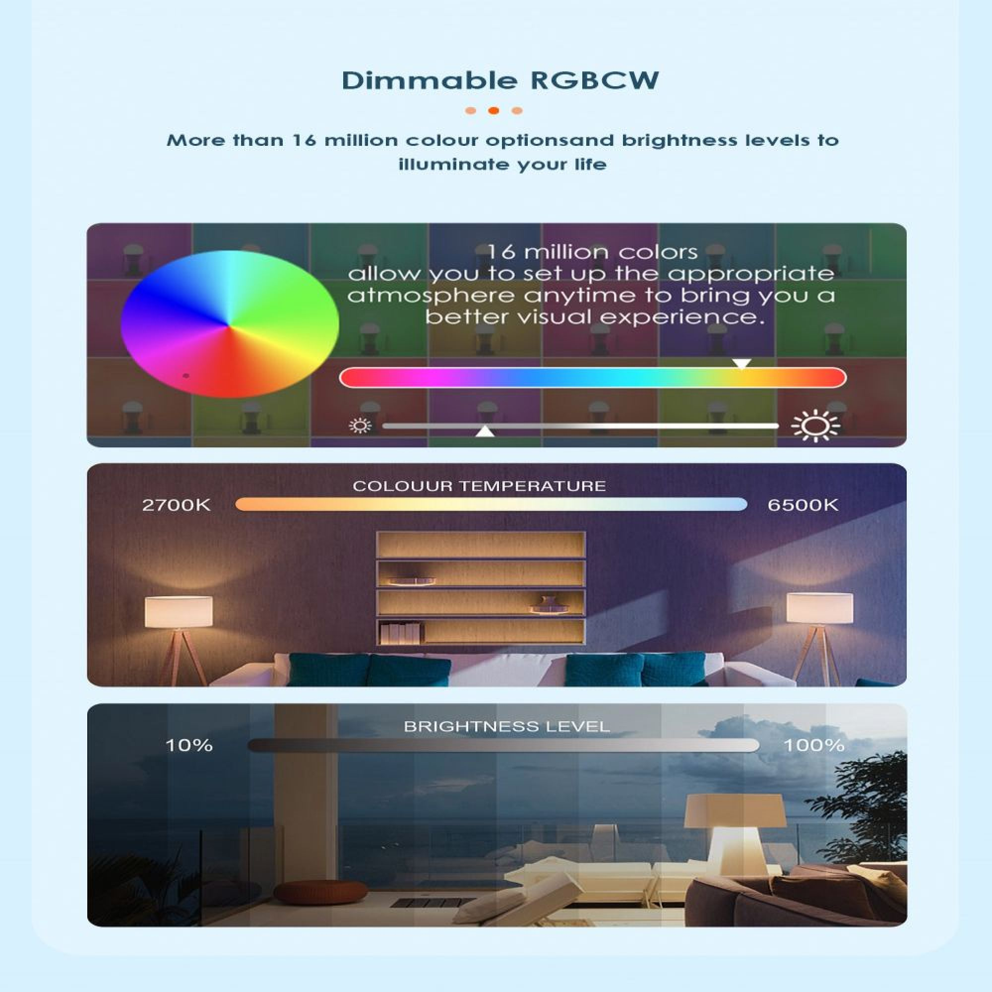 Dimmbare RGBCW-Optionen: Farbrad, Temperaturregler 2700-6500K, Helligkeit 10-100%.