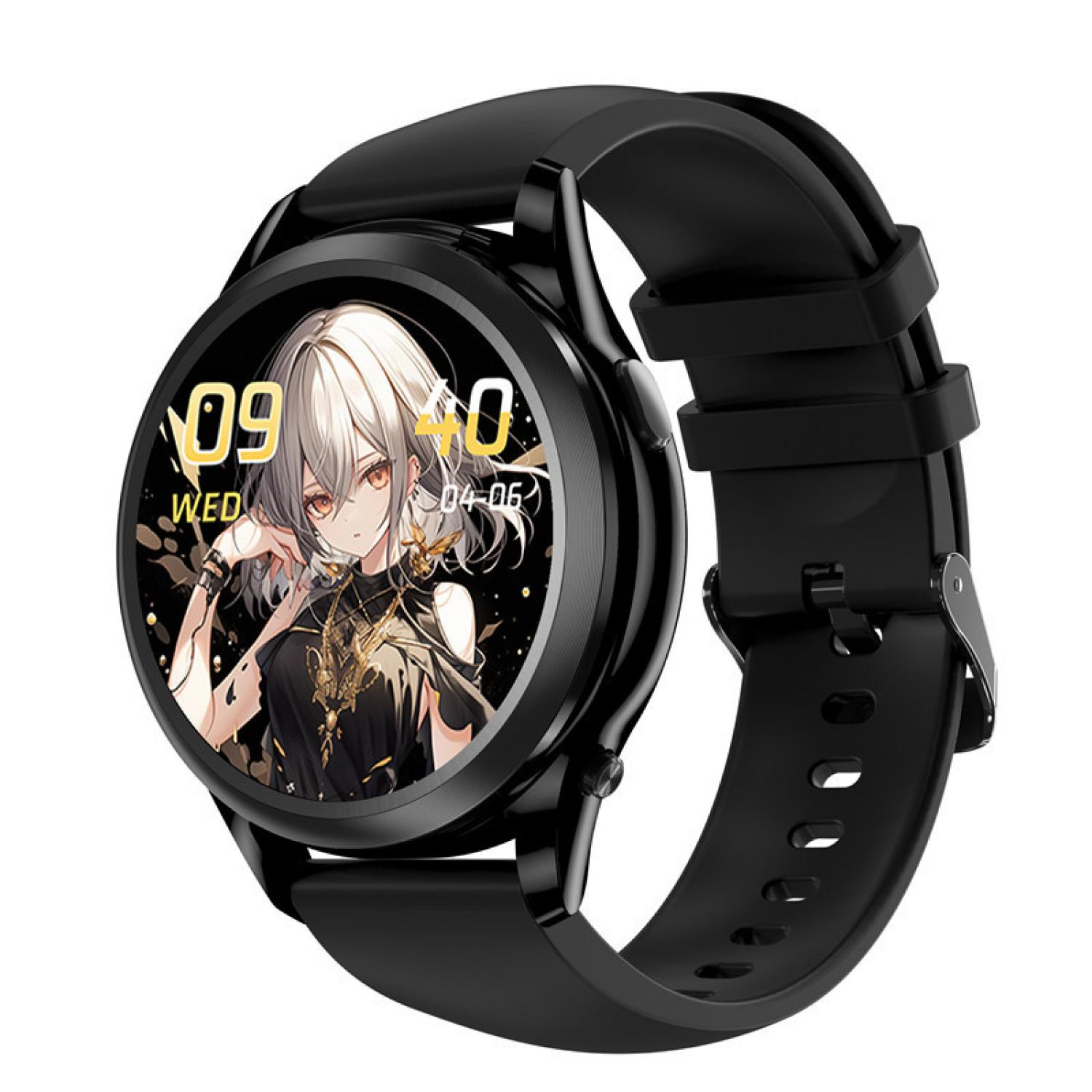 Schwarze Smartwatch mit Anime-Zifferblatt, Uhrzeit 09:40, Mittwoch.