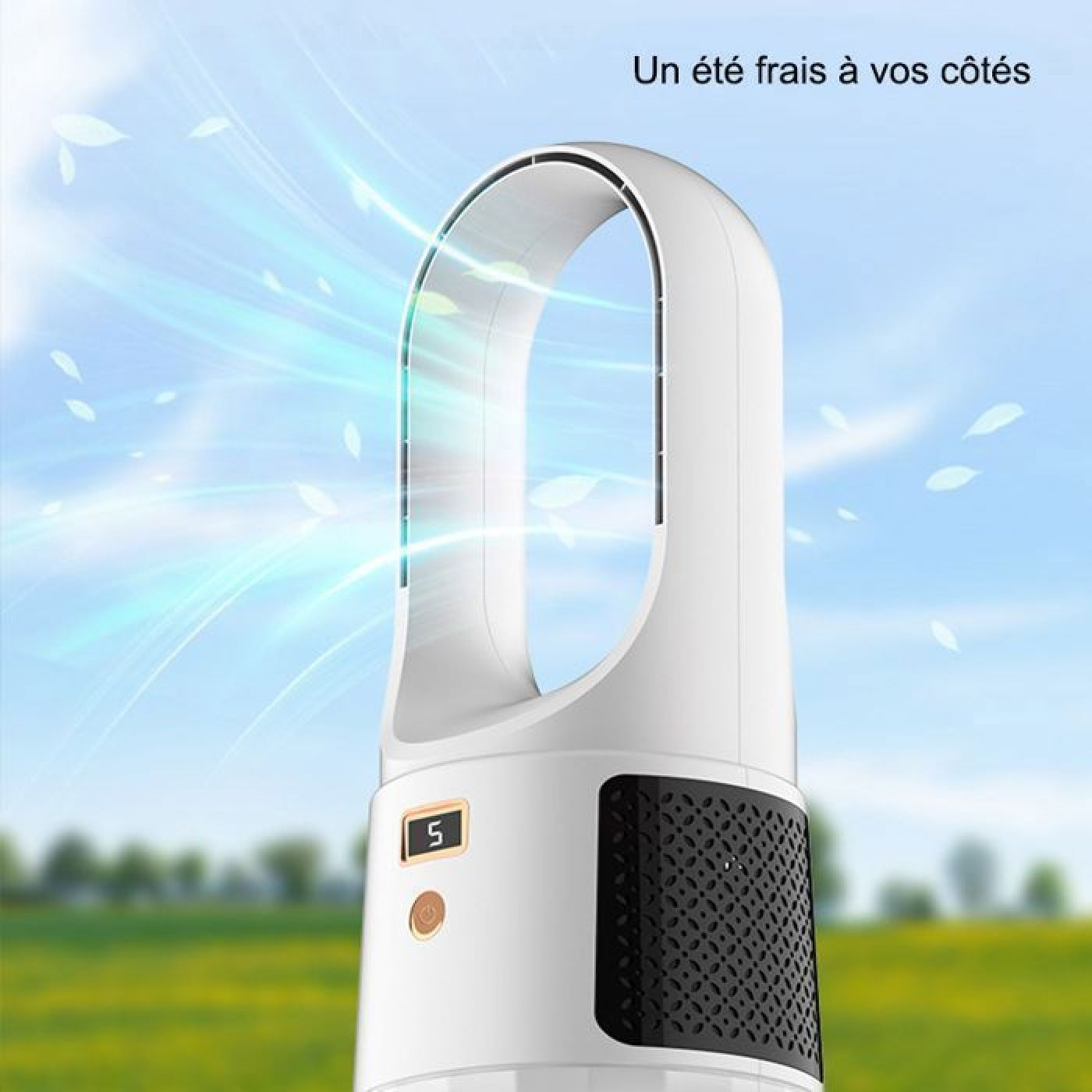 Ein weißer Turmventilator mit einem digitalen Display, das 