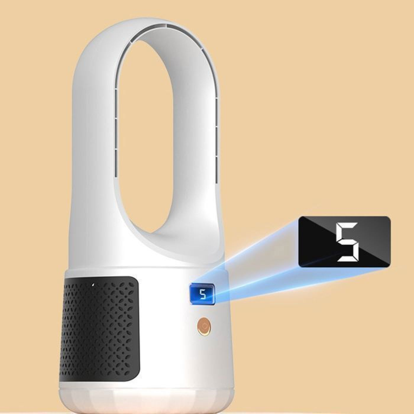Ein weißer flügelloser Ventilator mit Digitalanzeige, die '5' zeigt.