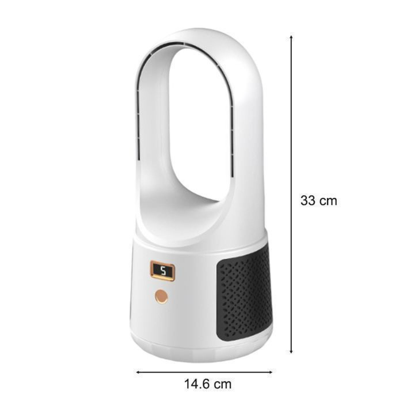 Ein weißer, lüfterloser Turmventilator mit einem digitalen Display und Lüftungsschlitzen.