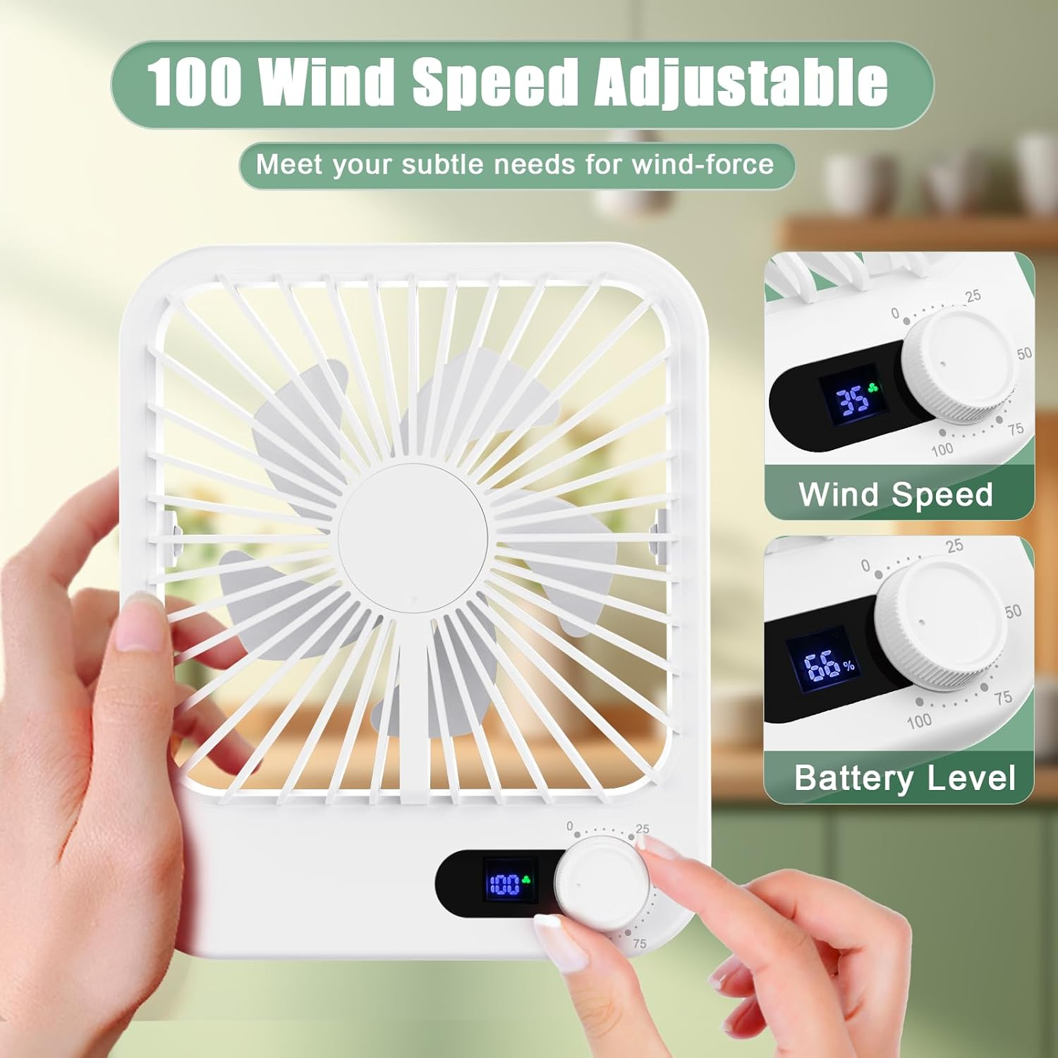 Ein weißer Ventilator mit einstellbarer Windgeschwindigkeit und Anzeige des Batteriestands.
