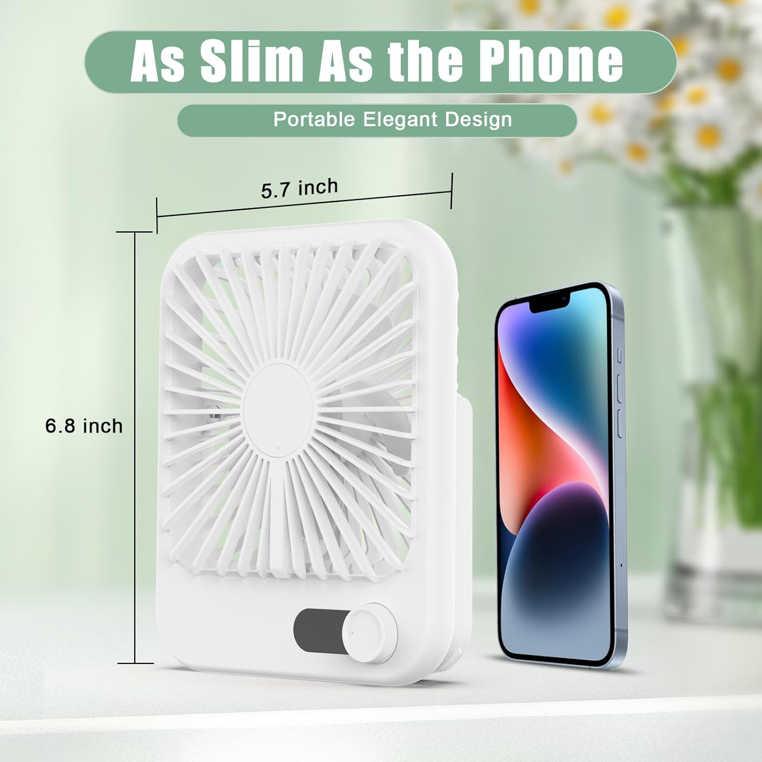 Ein weier Ventilator und ein Smartphone nebeneinander. Mae sind angegeben.