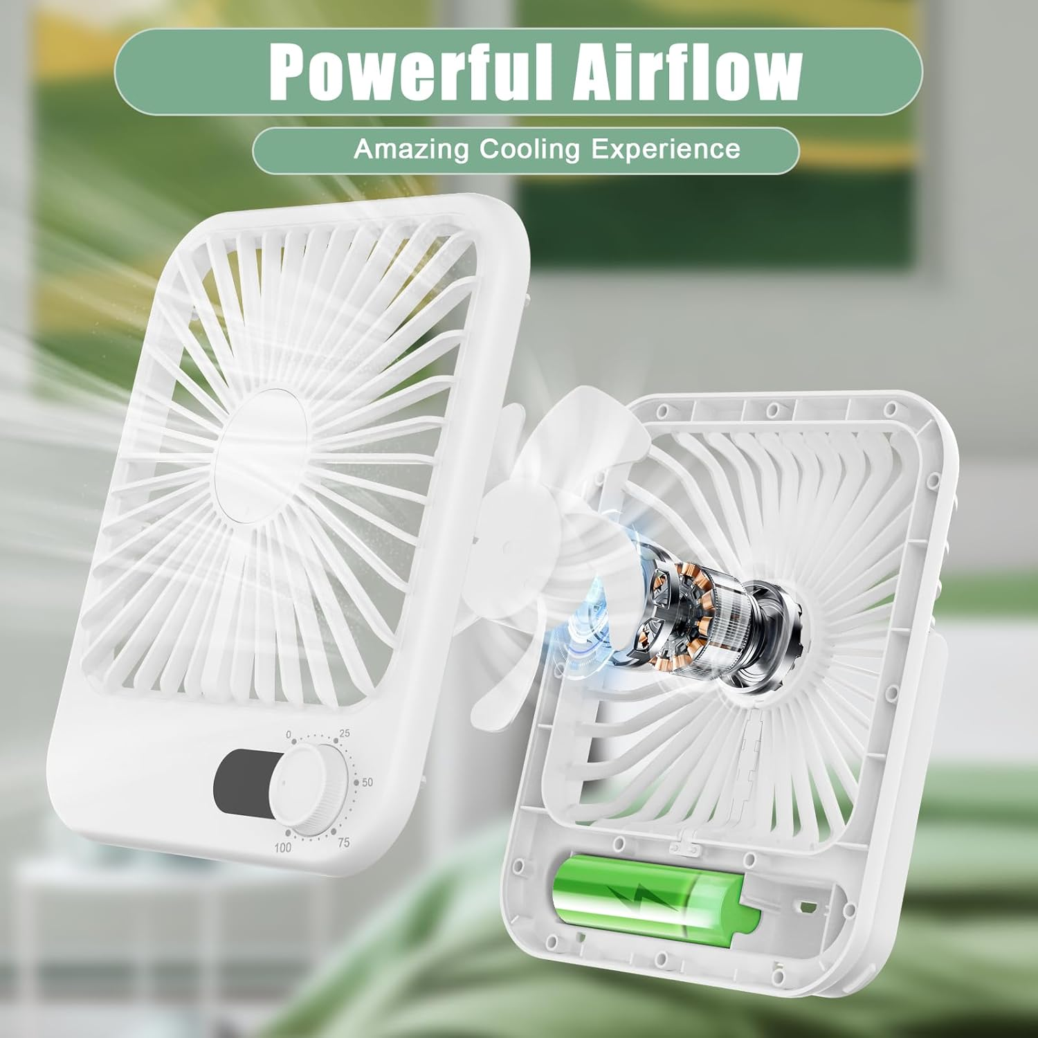 Zwei weiße Ventilatoren mit sichtbarem Motor und Batterie. Einer hat einen Drehregler.