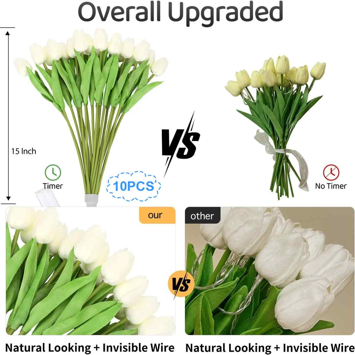 Vergleich zweier Sträuße weißer Tulpen: einer mit Timer, 10 Stück, 15 Zoll, der andere ohne Timer.