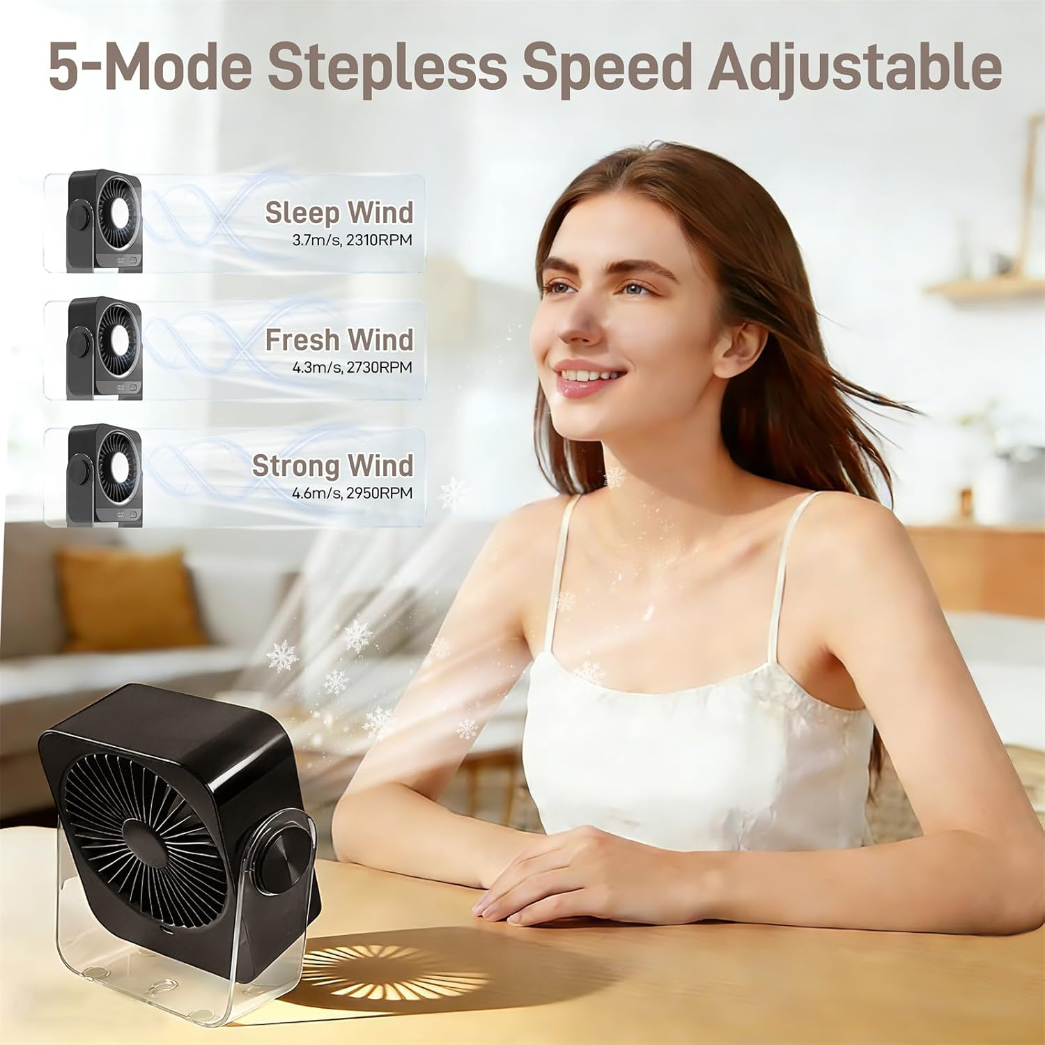 Ein schwarzer Ventilator mit 3 Geschwindigkeitsmodi steht auf einem Tisch, eine Frau sitzt daneben.