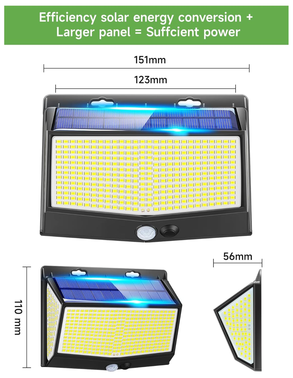 Drei Ansichten einer Solarleuchte mit Solarpanel und vielen LEDs.