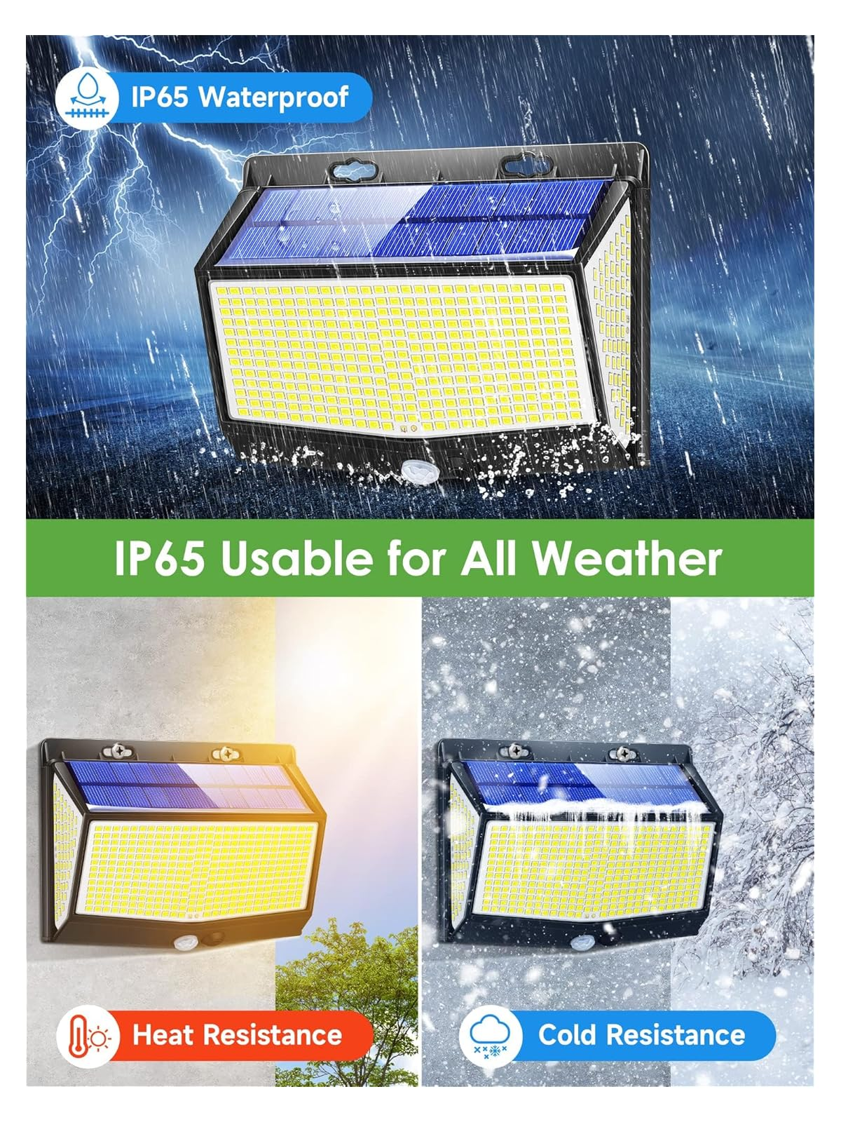 Solarleuchte für alle Wetterbedingungen, IP65 wasserdicht, hitze- und kältebeständig.