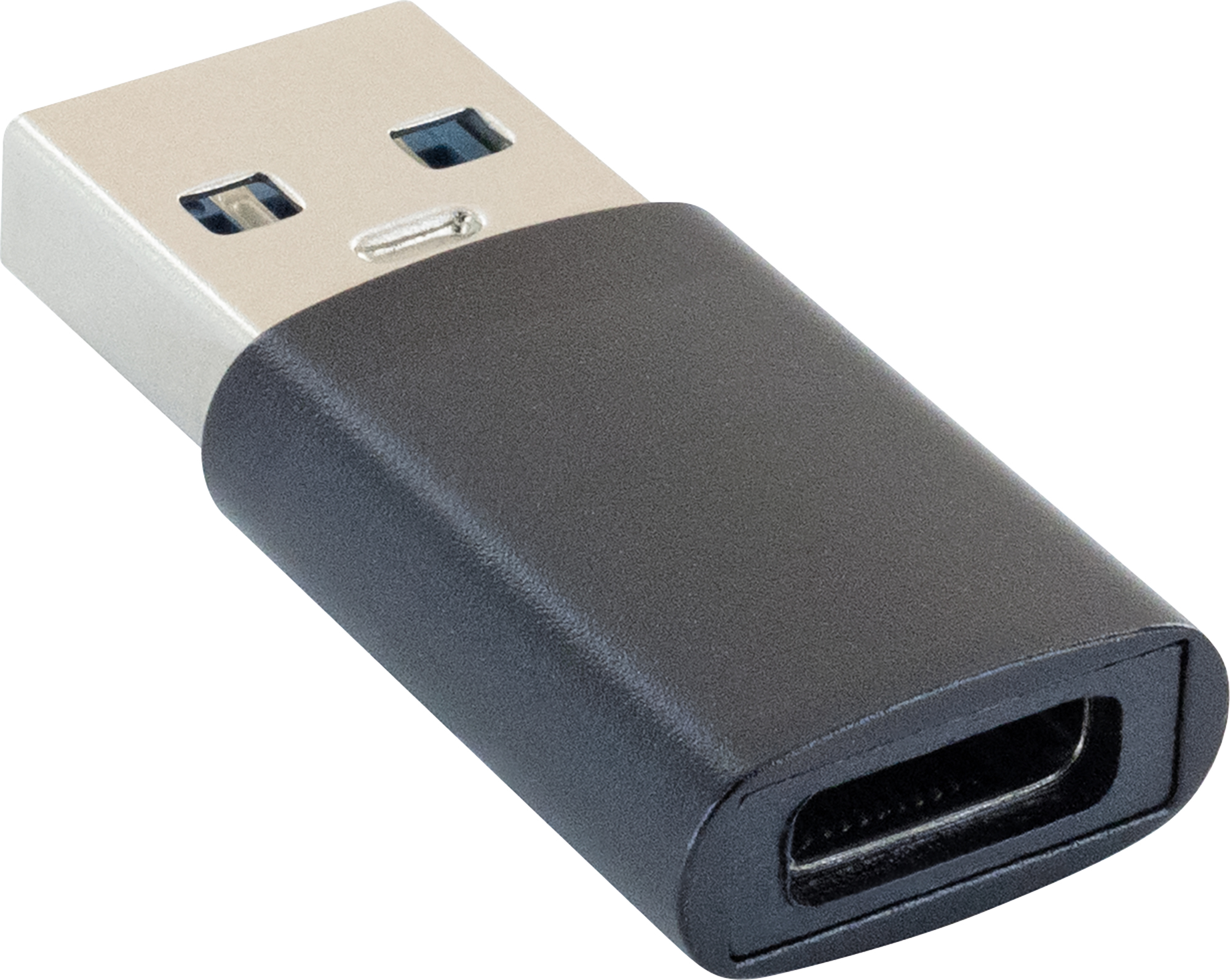 Ein schwarzer USB-C-Adapter mit einem silbernen USB-A-Stecker.