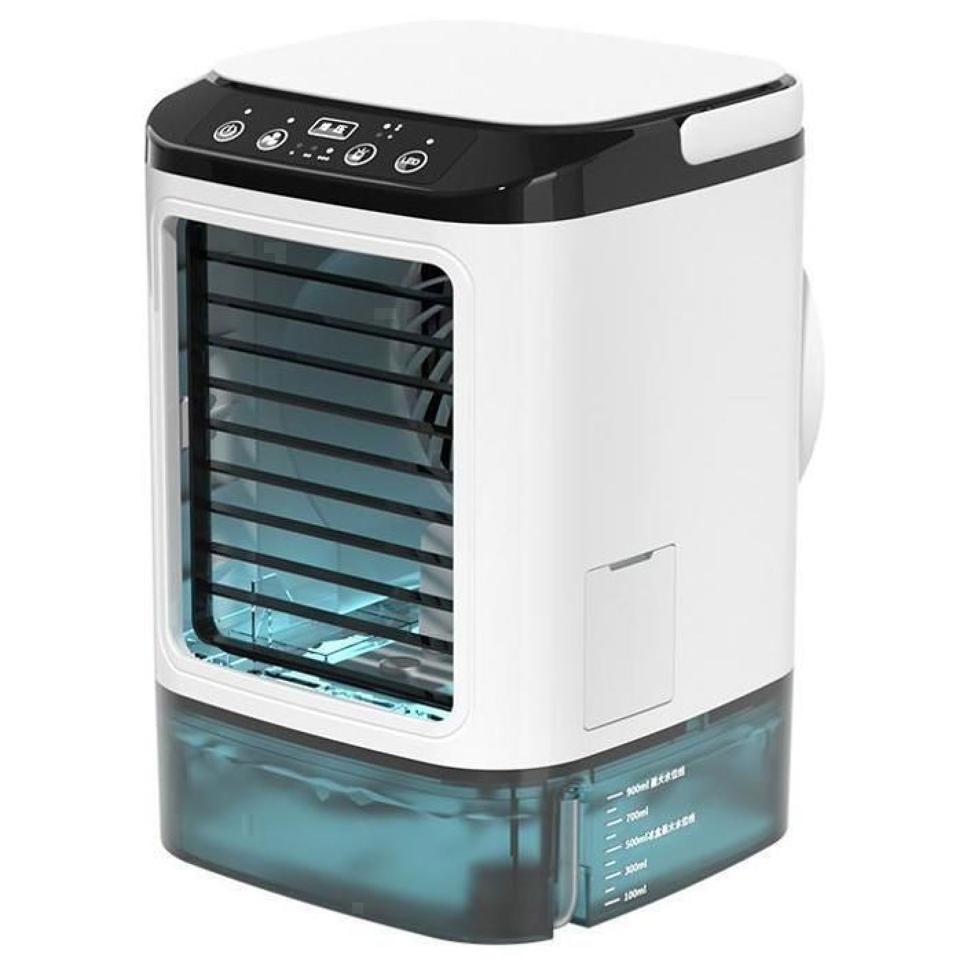 Ein weißer und schwarzer Luftkühler mit blauem Wassertank und Bedienelementen.