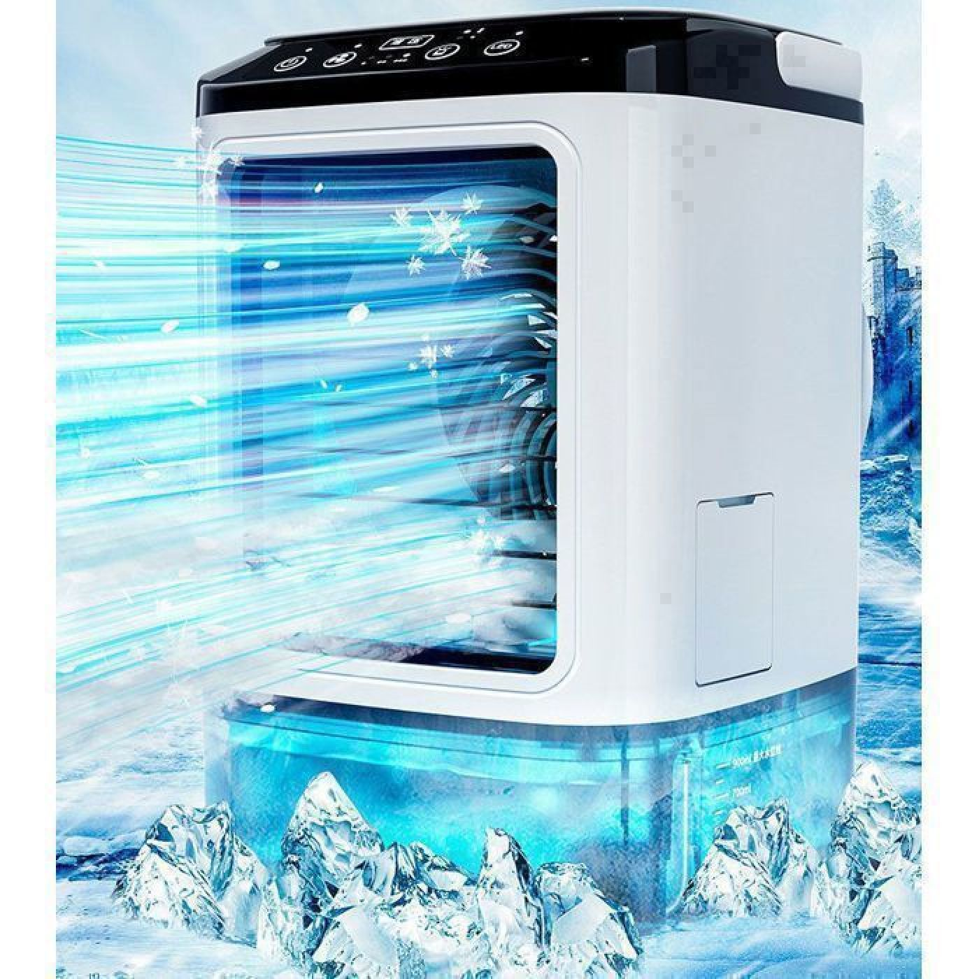 Ein weißer Luftkühler mit blauem Eis und Nebel, der kalte Luft ausstößt.