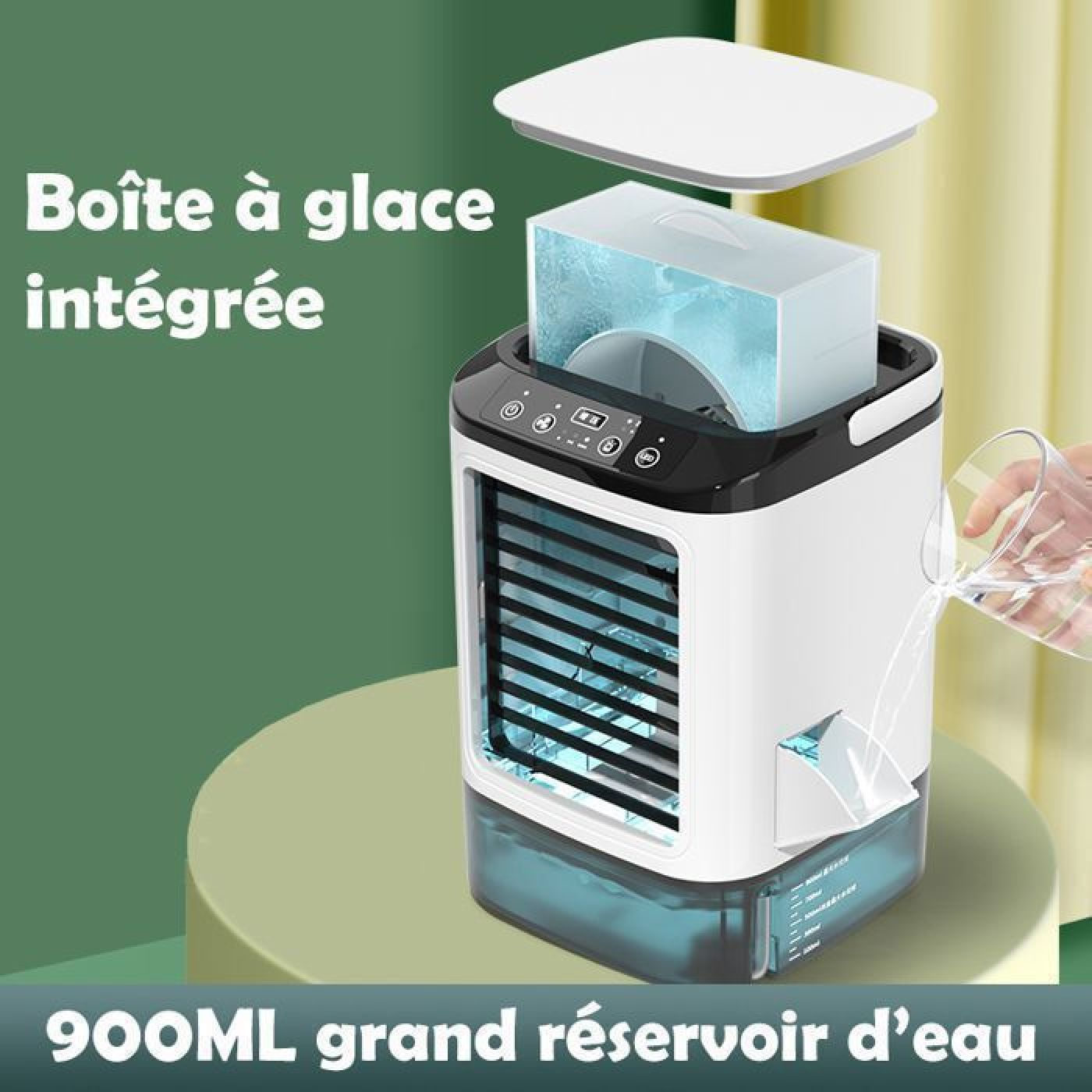 Ein weißer Luftkühler mit blauem Eisblock und einem 900-ml-Wassertank.
