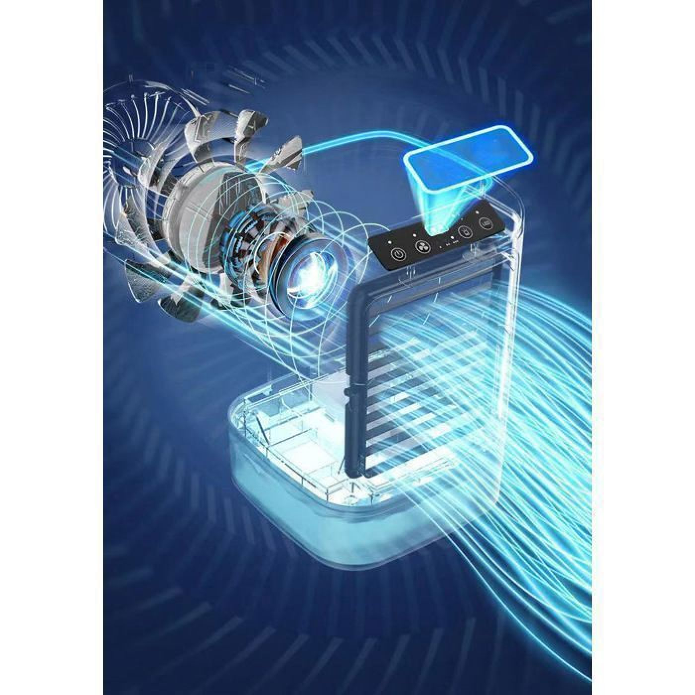 Ein Lüftermotor mit Kühlrippen und Wasserkühlung im transparenten Gehäuse.