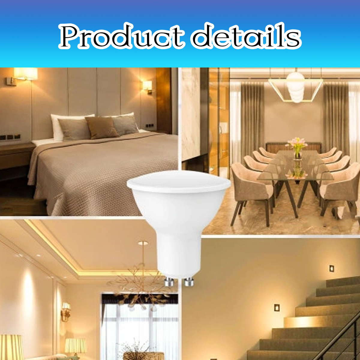 Produktbilder: Schlafzimmer, Esszimmer, Treppenhaus, weiße Lampe.