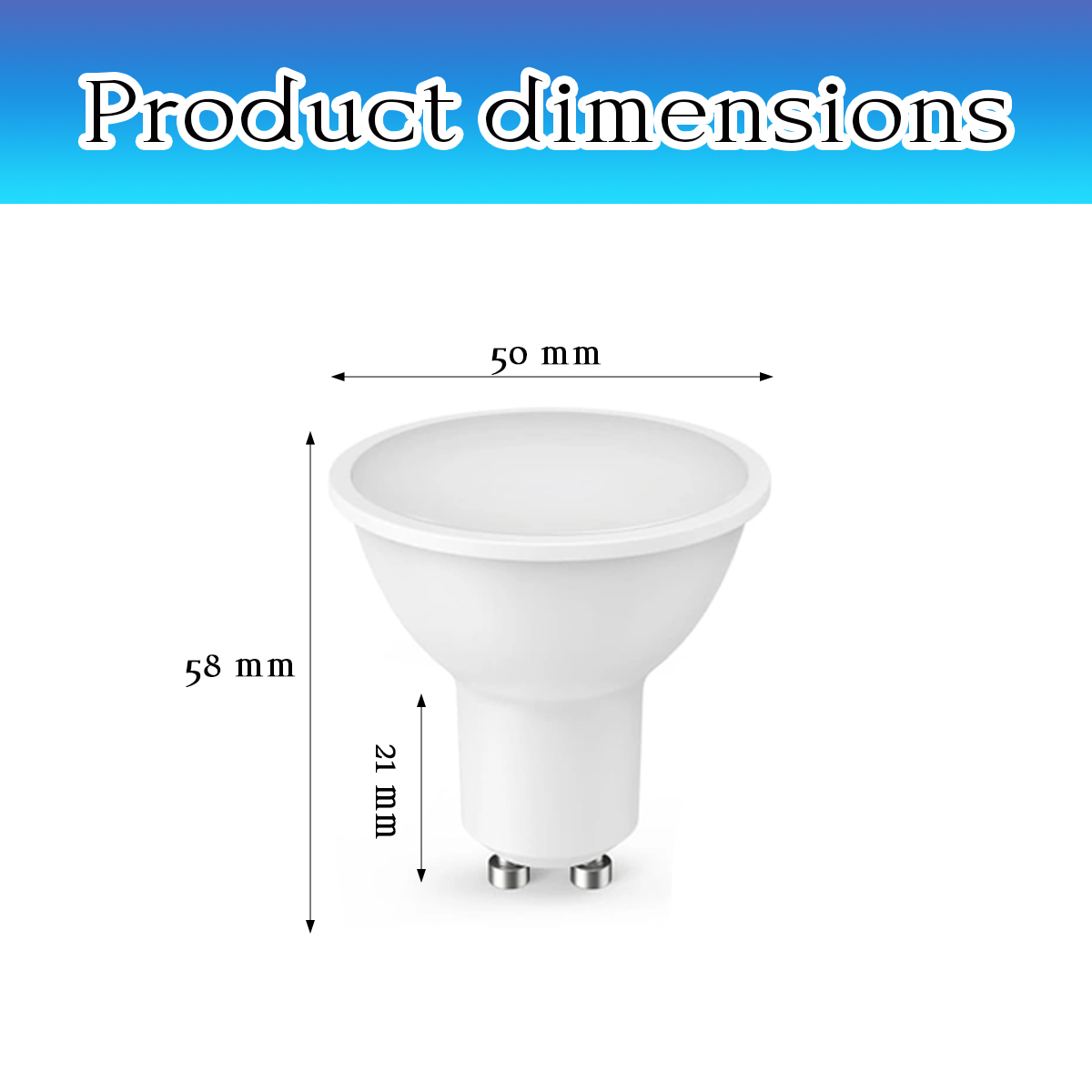 Weiße Lampe mit Maßen: 50mm breit, 58mm hoch, 21mm Sockel.