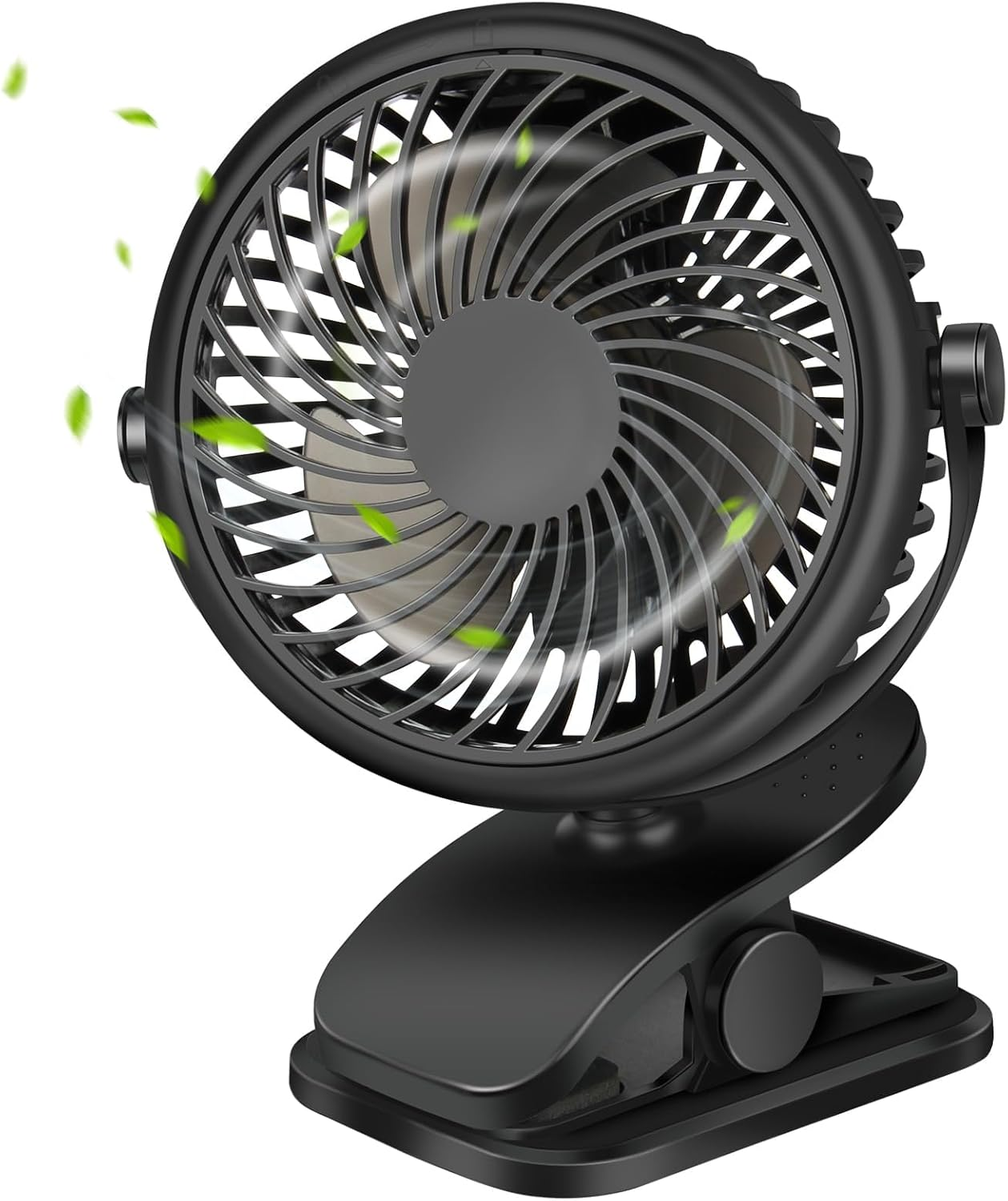 Kleiner schwarzer Ventilator mit Clip-Basis und grünen Blättern, die vorbeifliegen.