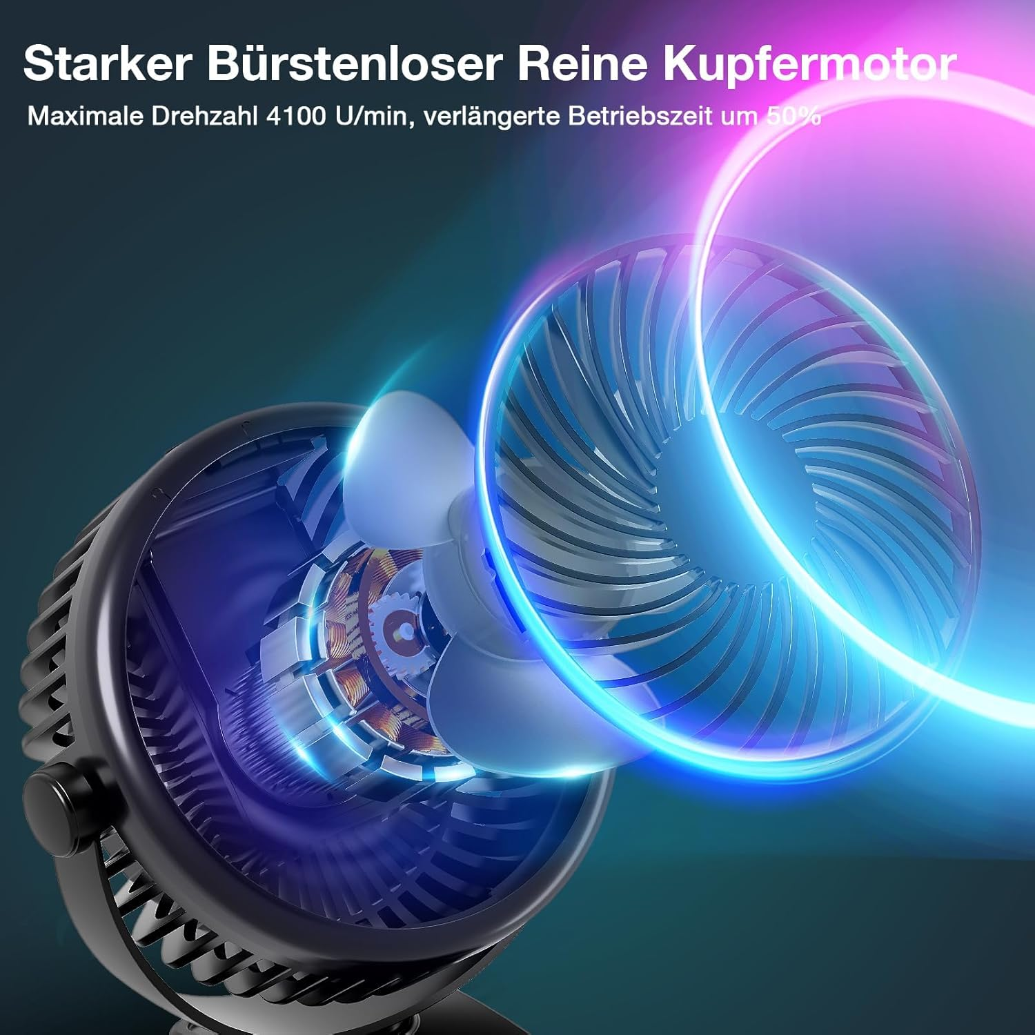 Ein starker bürstenloser Kupfermotor mit blau leuchtenden Lüfterblättern.