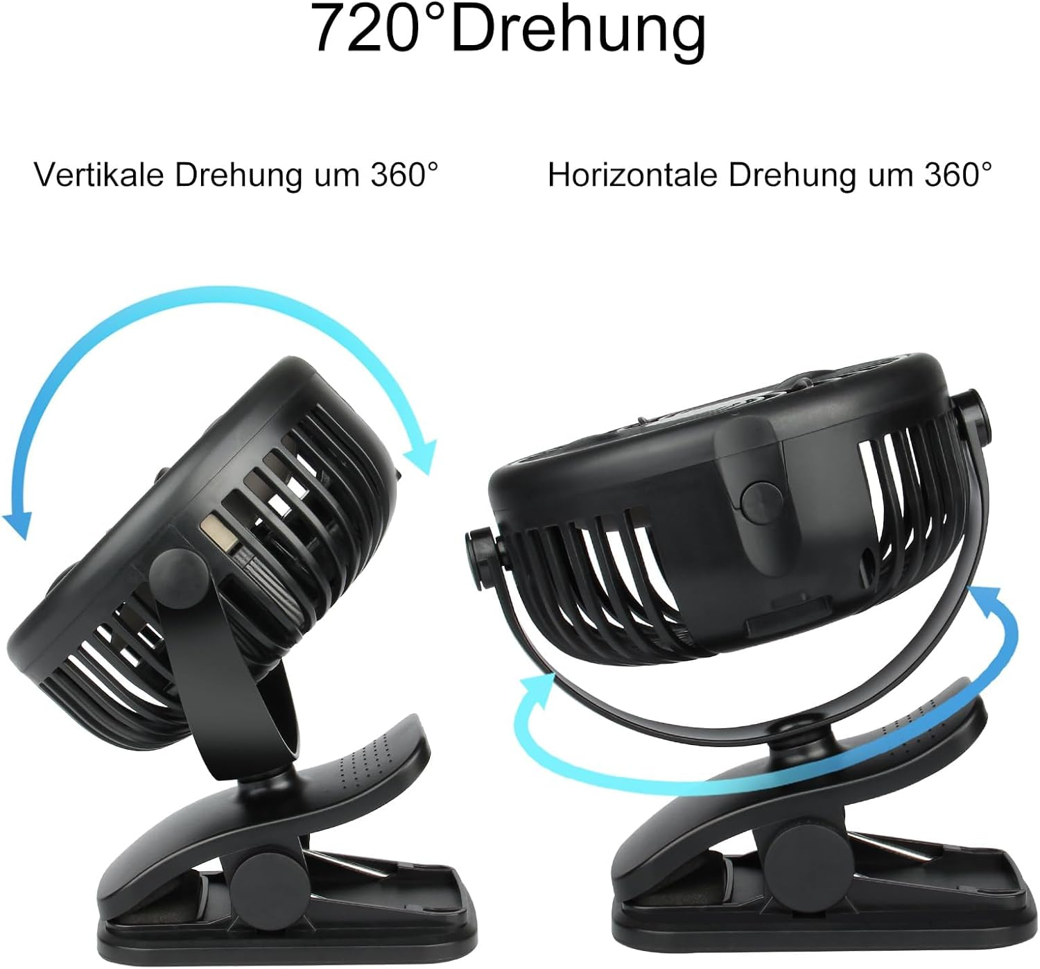 Zwei schwarze Klemmventilatoren zeigen vertikale und horizontale 360-Grad-Drehungen.