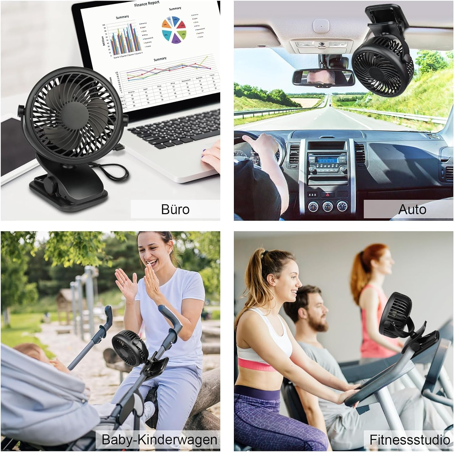 Ein schwarzer Clip-Ventilator auf einem Laptop, im Auto, Kinderwagen und Fitnessstudio.