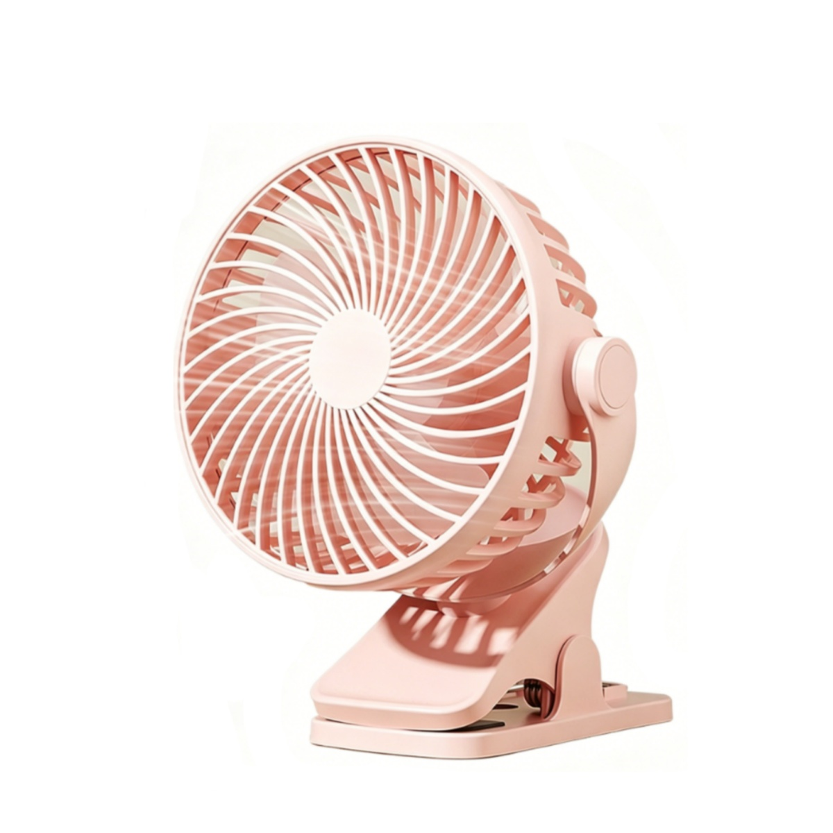 Ein kleiner rosafarbener Ventilator mit Klemme, auf weißem Hintergrund.