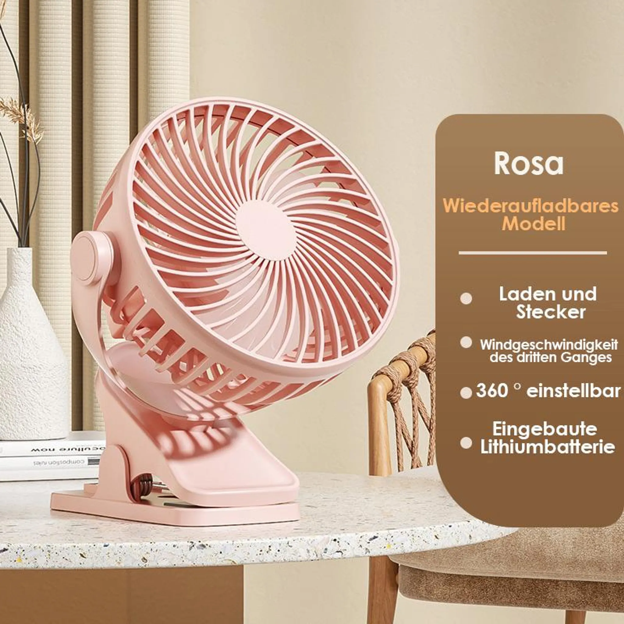 Ein rosafarbener Clip-Ventilator steht auf einem Tisch. Daneben ist eine Infobox.