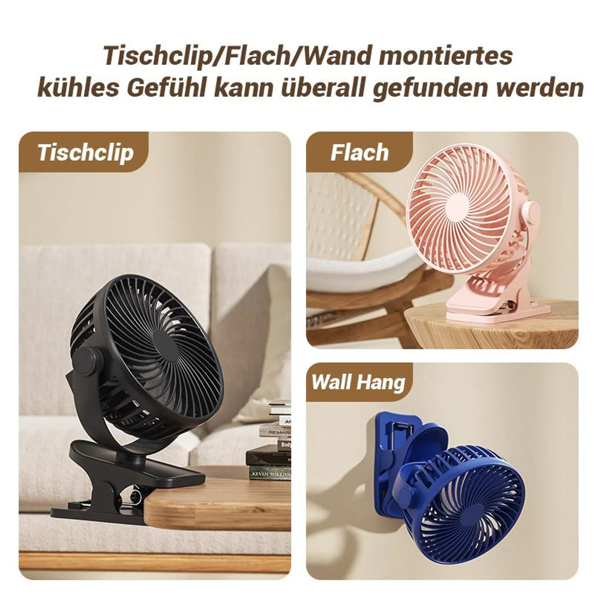 Drei tragbare Lüfter: Schwarz auf Tisch, Rosa flach, Blau an Wand.