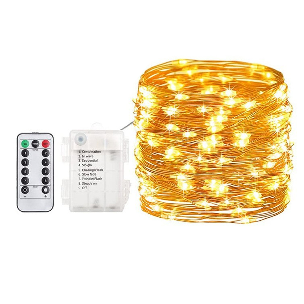 Ein aufgewickeltes goldenes Lichterkabel mit Fernbedienung und Batteriebox.